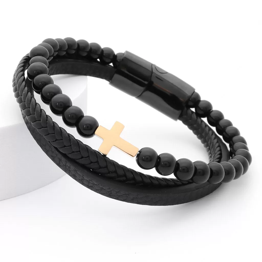 Hematite Beads with Cross Multilayer Leather Bracelet