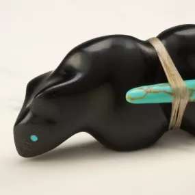 Herbert Halate Jet and Turquoise Handmade Zuni Fetish Bobcat Carving