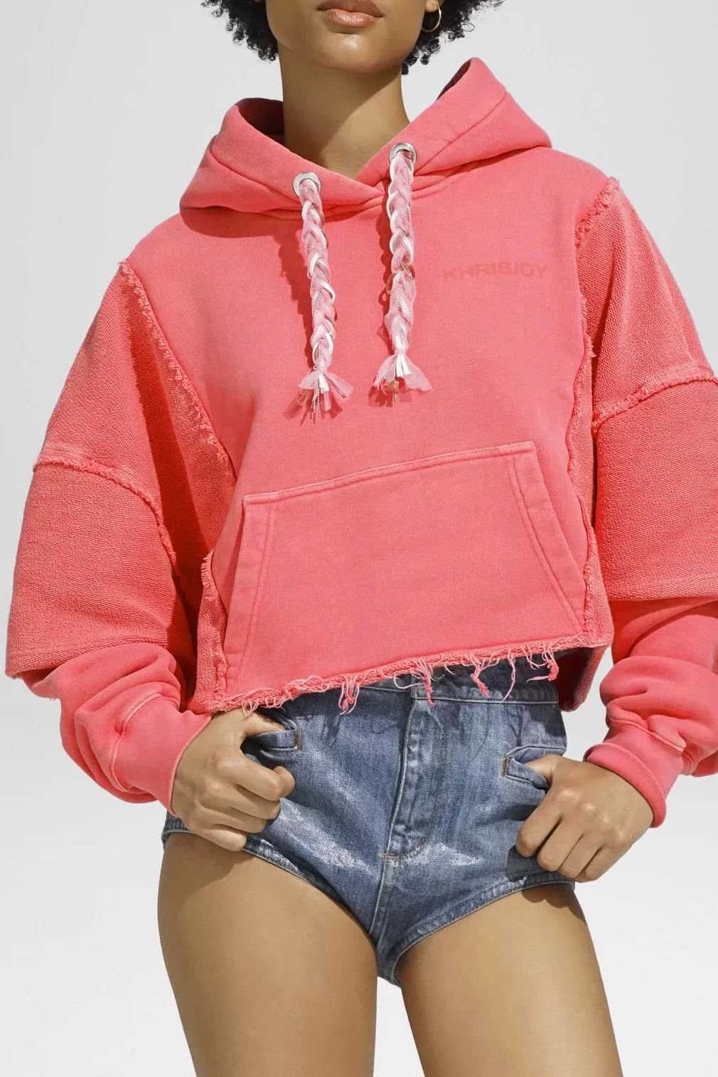 Hoodie Crop Double Pockets in Candy Pink