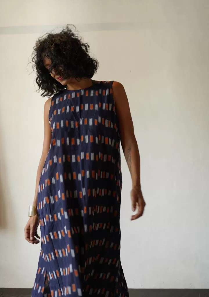 Ikat Cotton Back V Dress