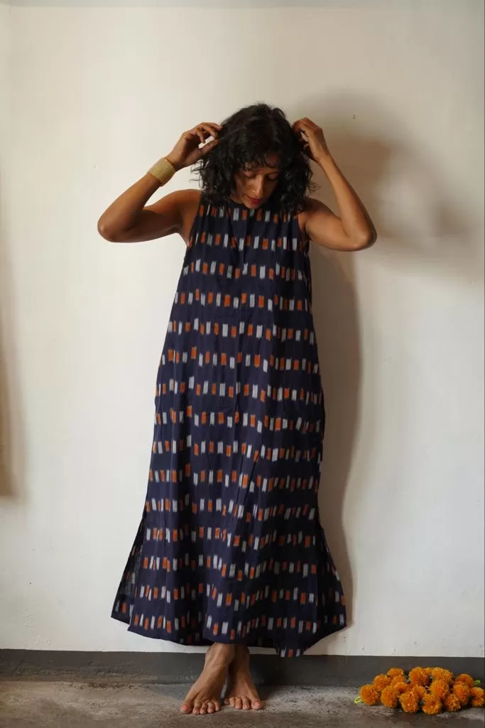 Ikat Cotton Back V Dress