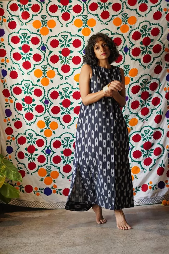 Ikat Cotton Back V Dress