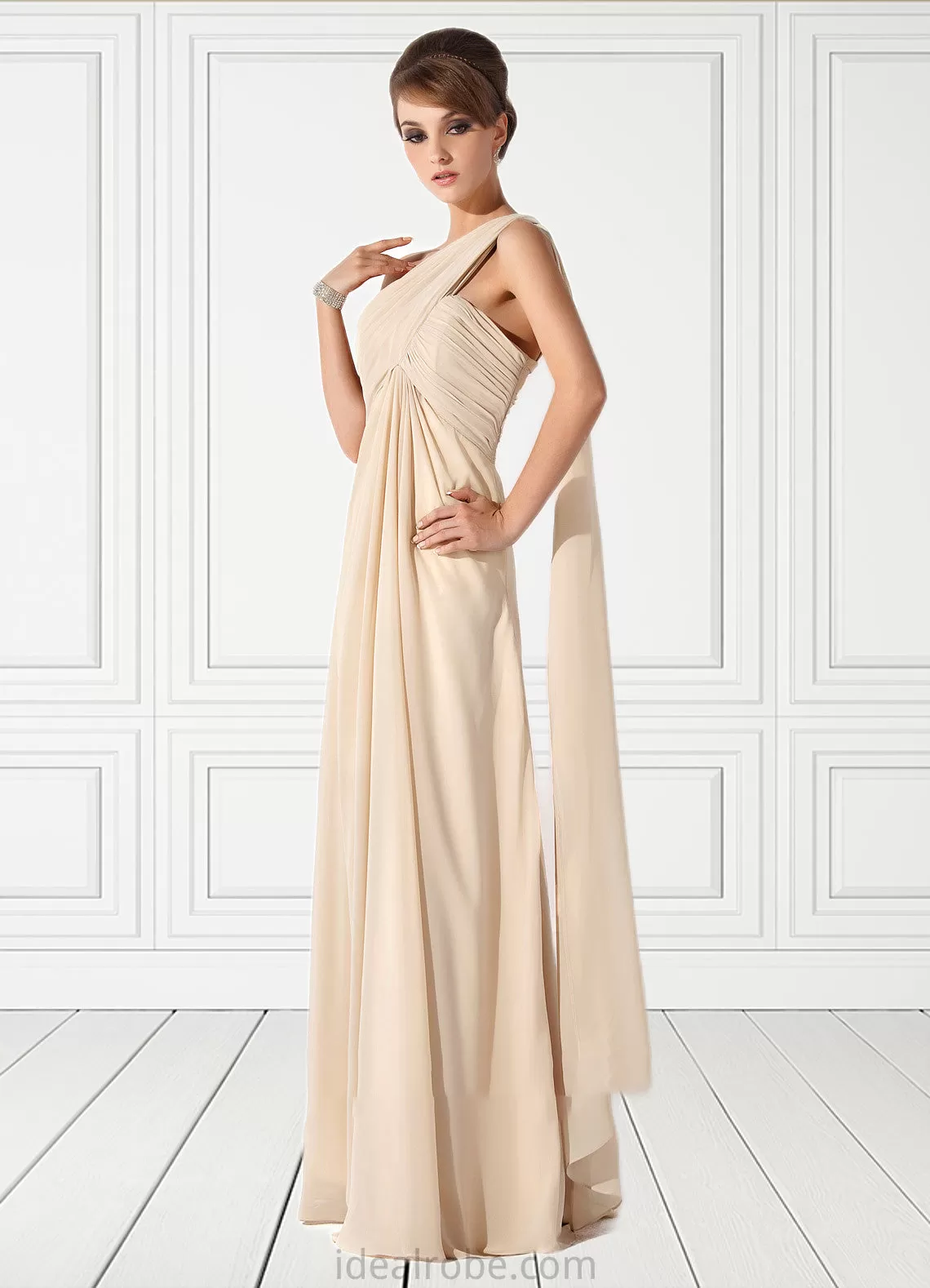 Jadyn Empire One-Shoulder Floor-Length Chiffon Mother of the Bride Dress With Ruffle STK126P0014777