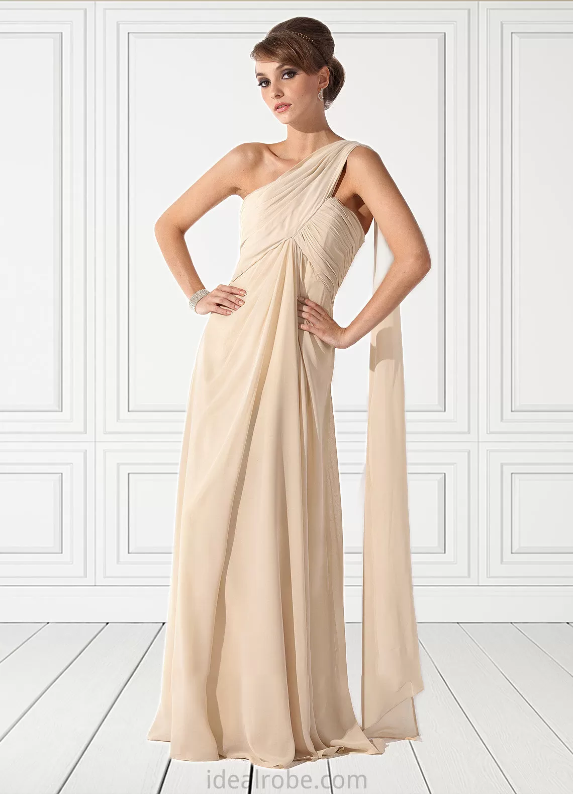 Jadyn Empire One-Shoulder Floor-Length Chiffon Mother of the Bride Dress With Ruffle STK126P0014777