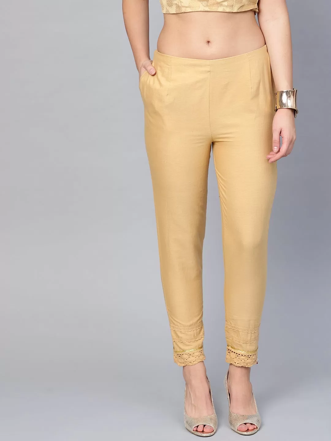 Juniper Gold Solid Cotton Flex Slim Fit Women Pants With One Pocket