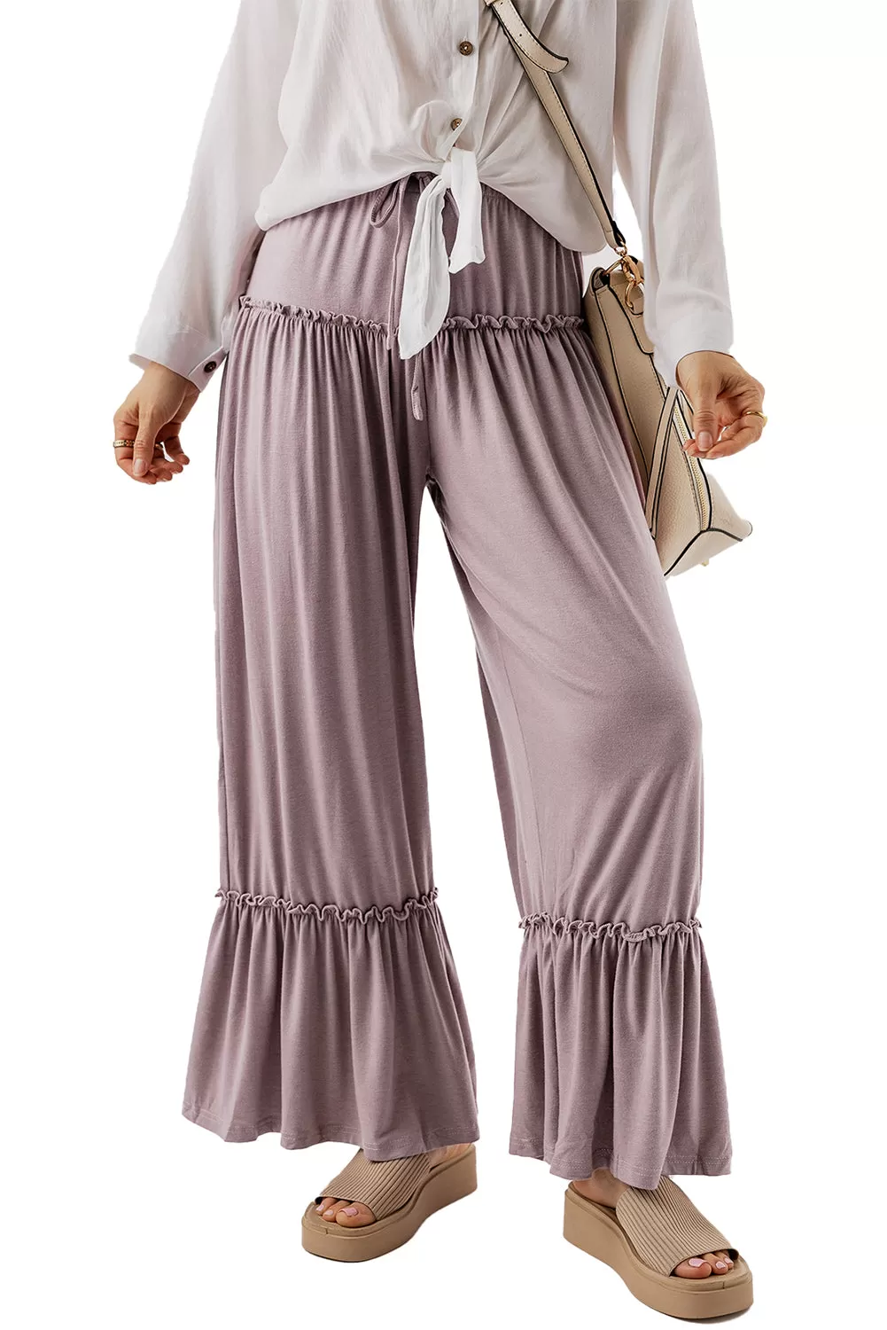 Khaki Frilled Drawstring High Waist Wide Leg Pants