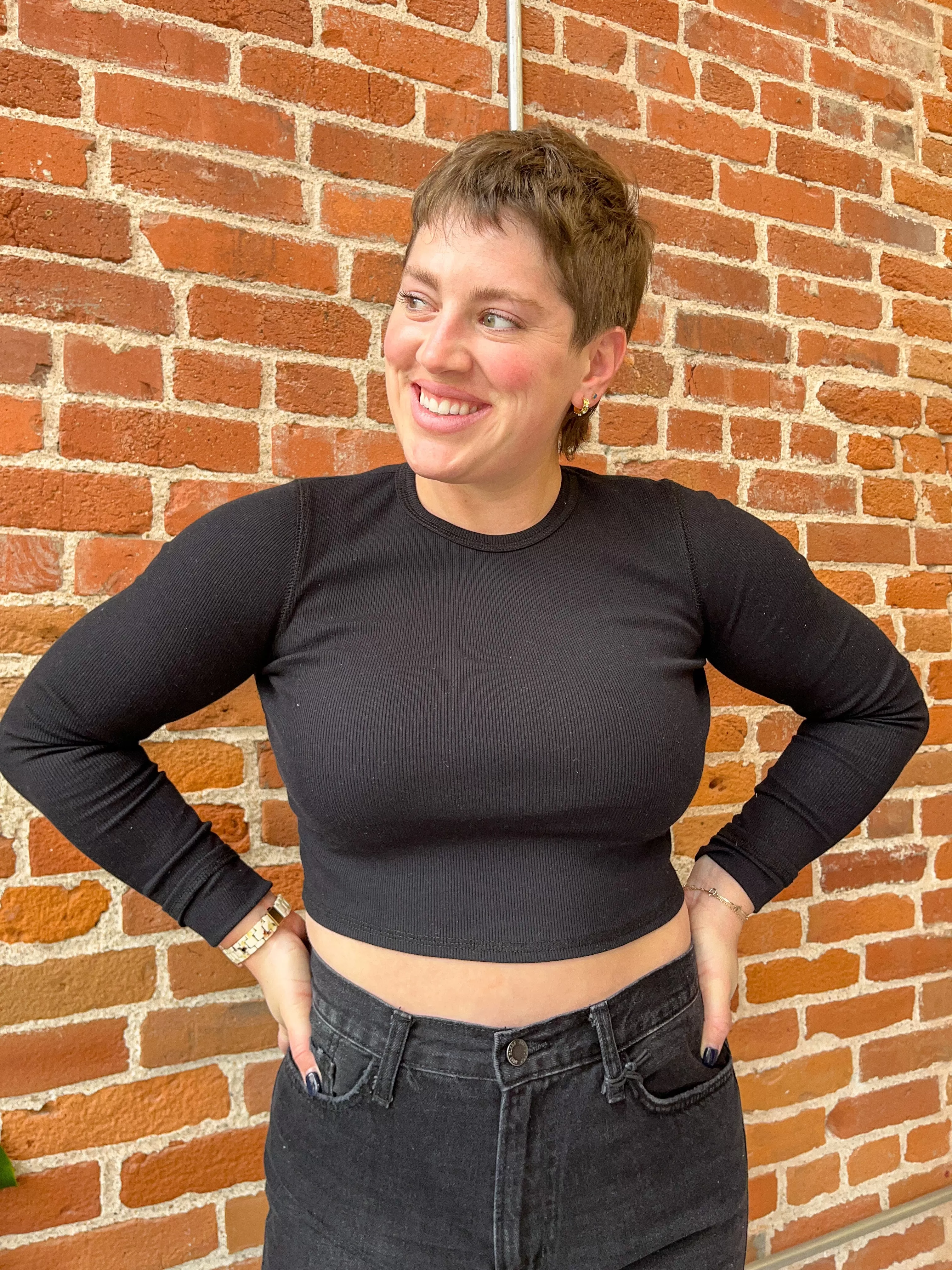 Krissy Long Sleeve Crop Ribbed Top in Black