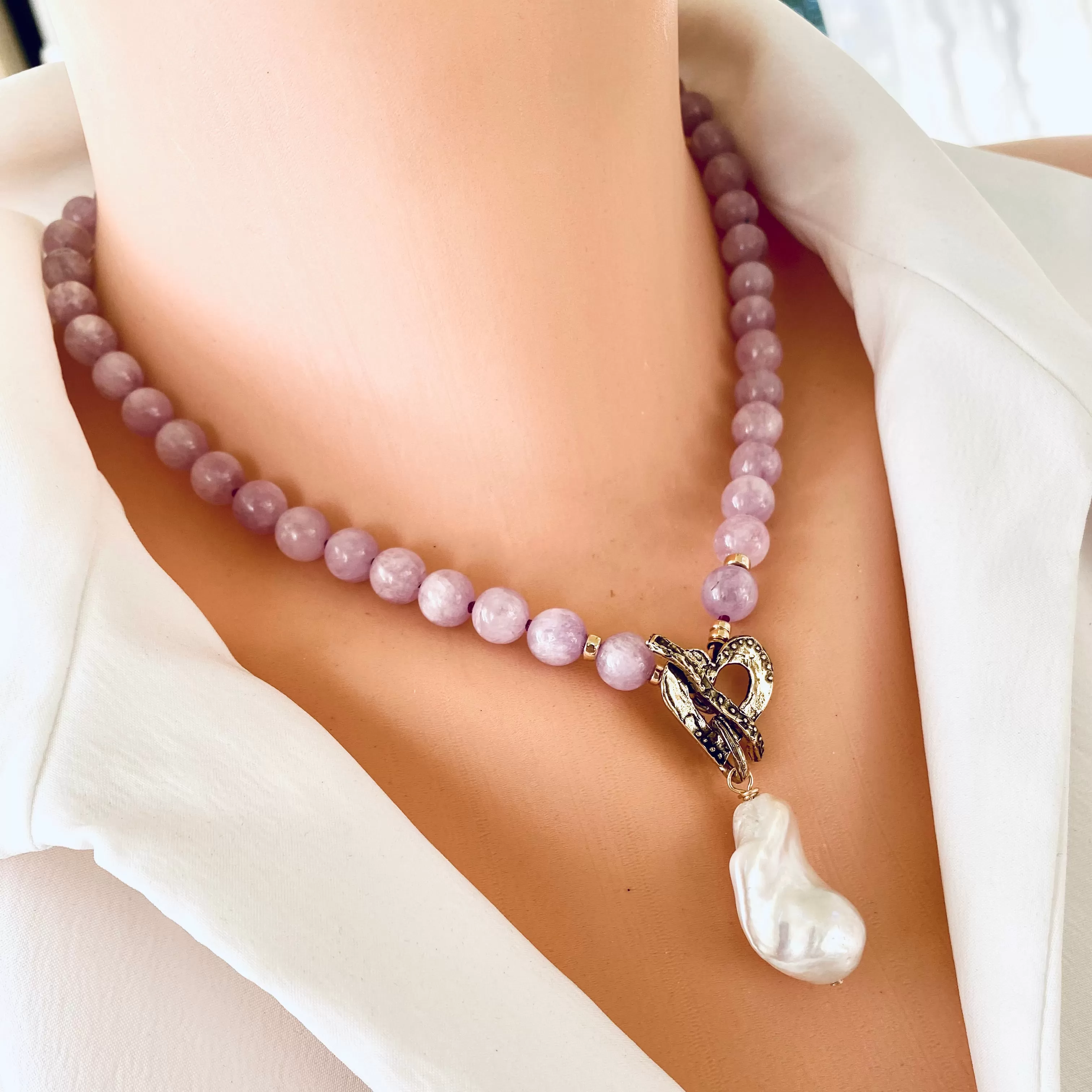 Kunzite Toggle Necklace with Baroque Pearl Pendant, Artisan Gold Bronze & Gold Filled Details, 18in