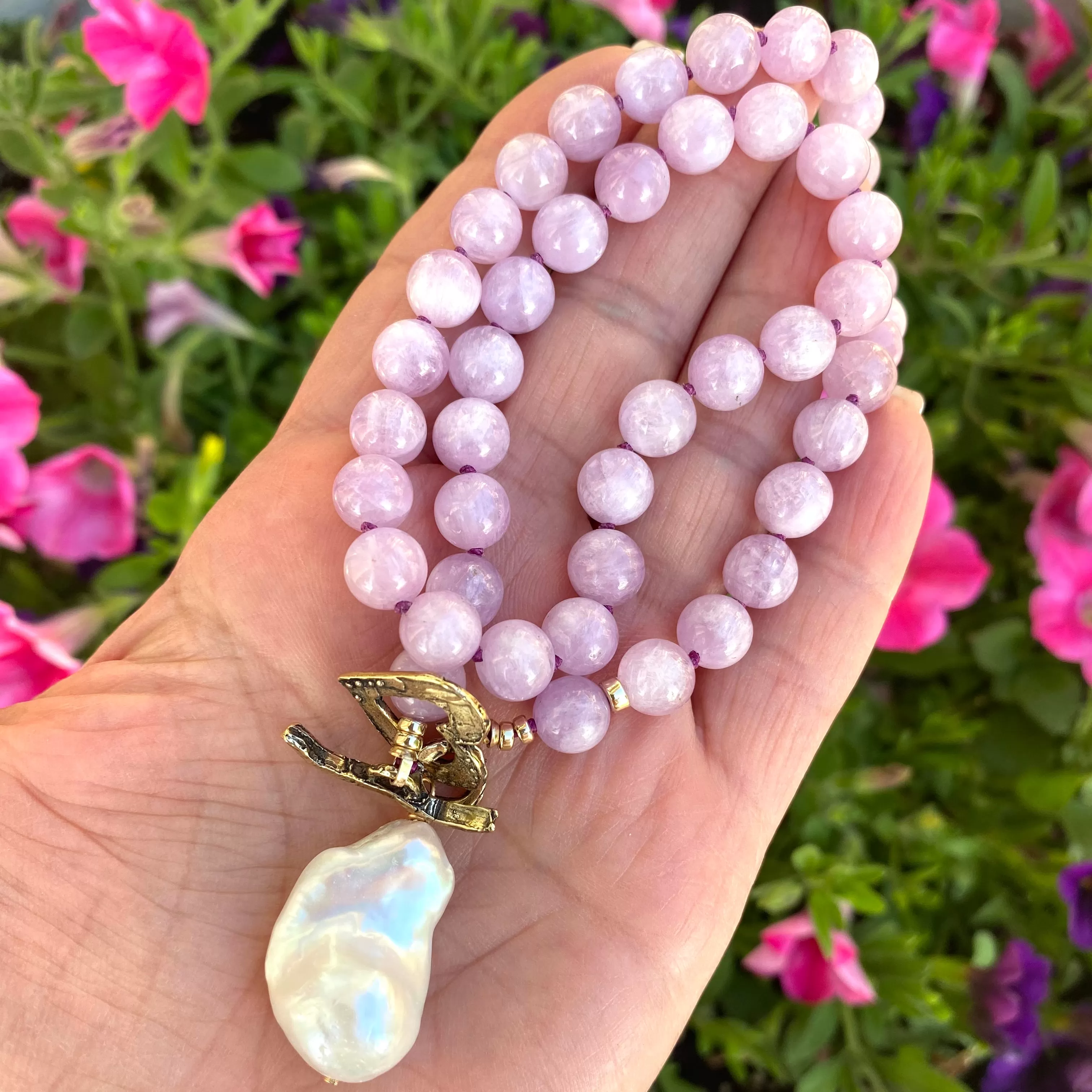 Kunzite Toggle Necklace with Baroque Pearl Pendant, Artisan Gold Bronze & Gold Filled Details, 18in