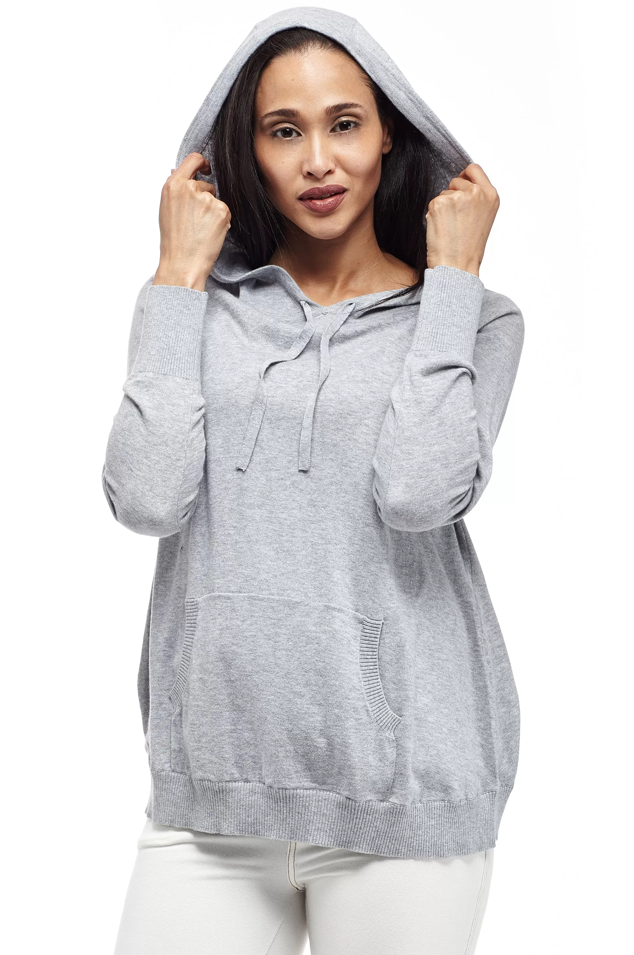 La Cera Drawstring Hooded Pullover Sweater - Plus Size