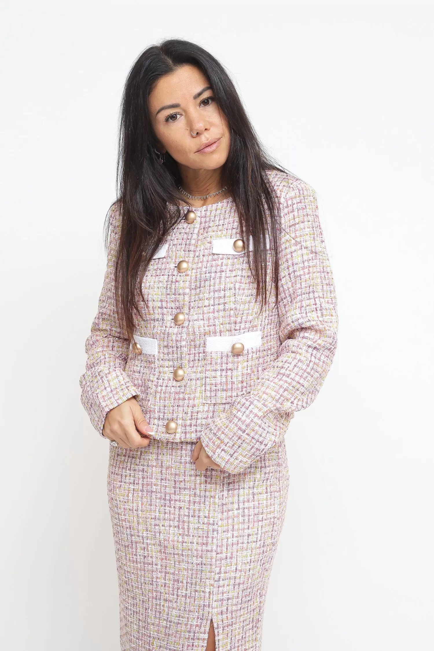 Ladies Jacket - Pink Multi Tweed White