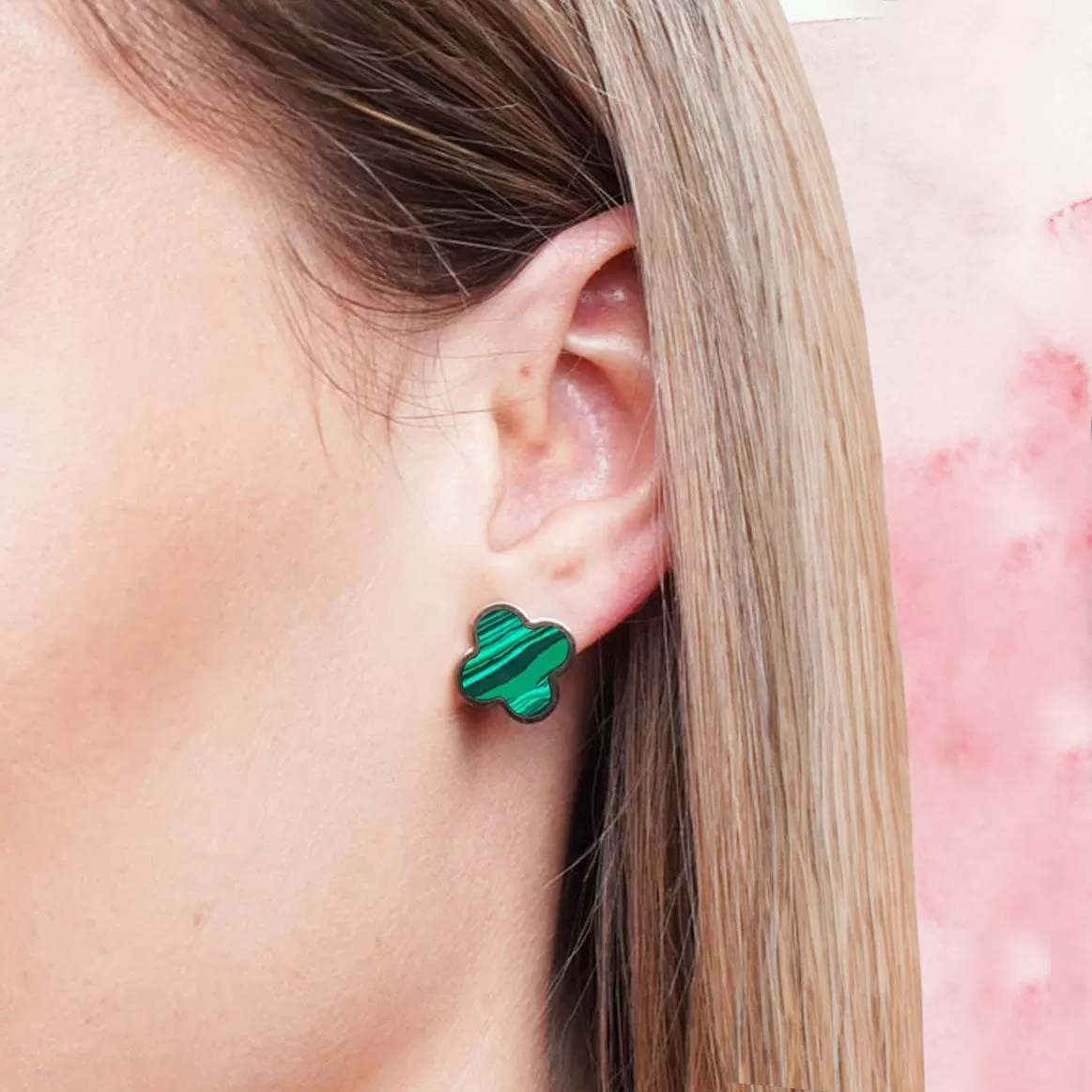 Large Malachite Clover Stud Earrings