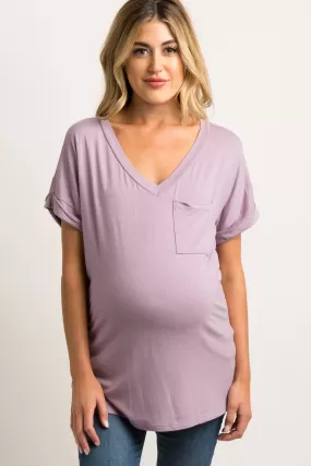 Lavender Basic V-Neck Pocket Maternity Top