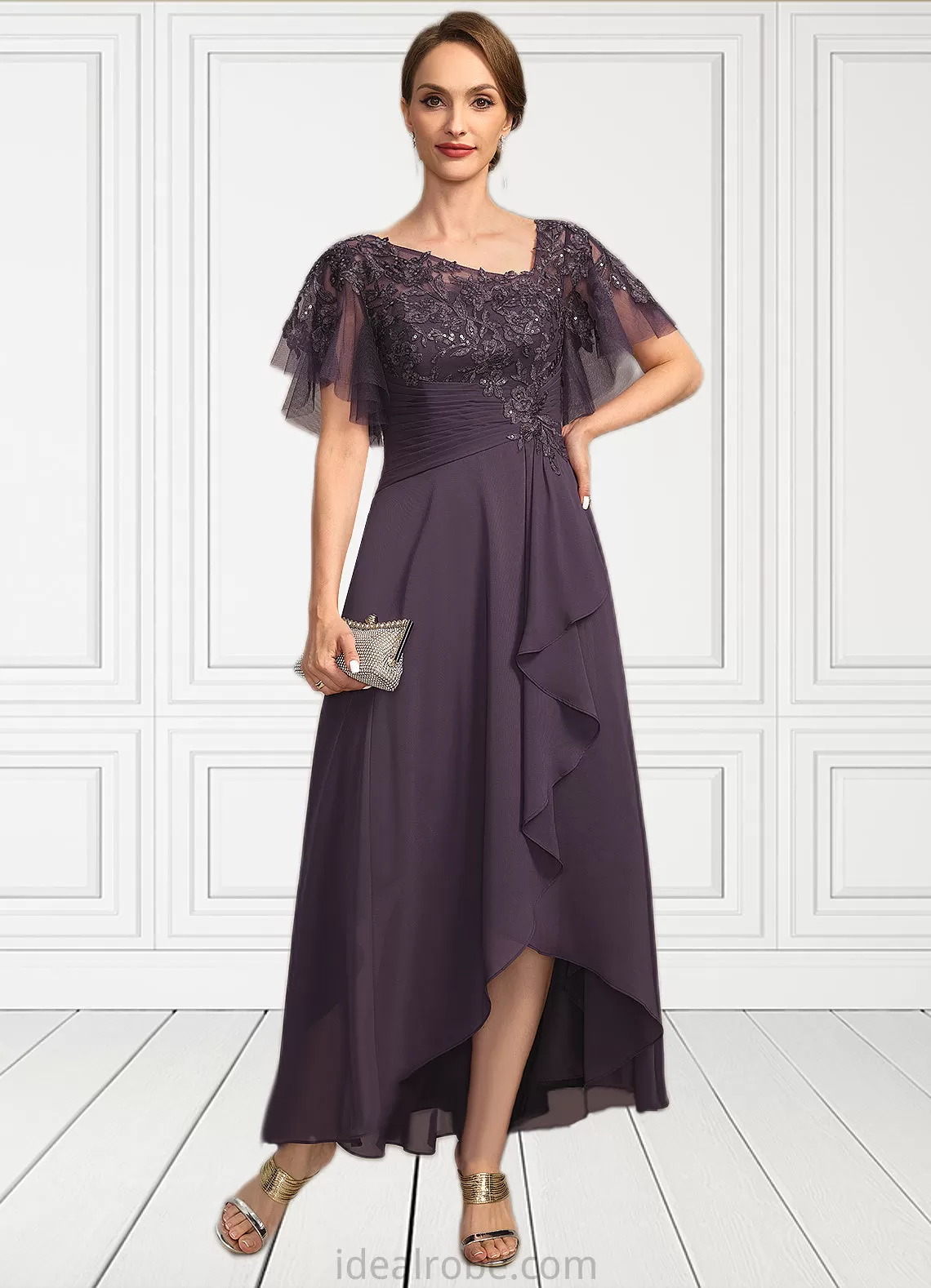 Leah A-line Asymmetrical Asymmetrical Chiffon Lace Mother of the Bride Dress With Cascading Ruffles Sequins STKP0021846