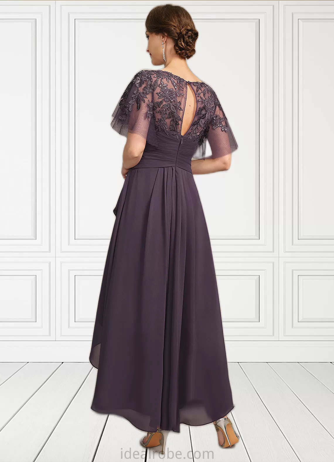 Leah A-line Asymmetrical Asymmetrical Chiffon Lace Mother of the Bride Dress With Cascading Ruffles Sequins STKP0021846