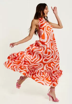 Liquorish Pink And Red Abstract Print Halter Neck Maxi