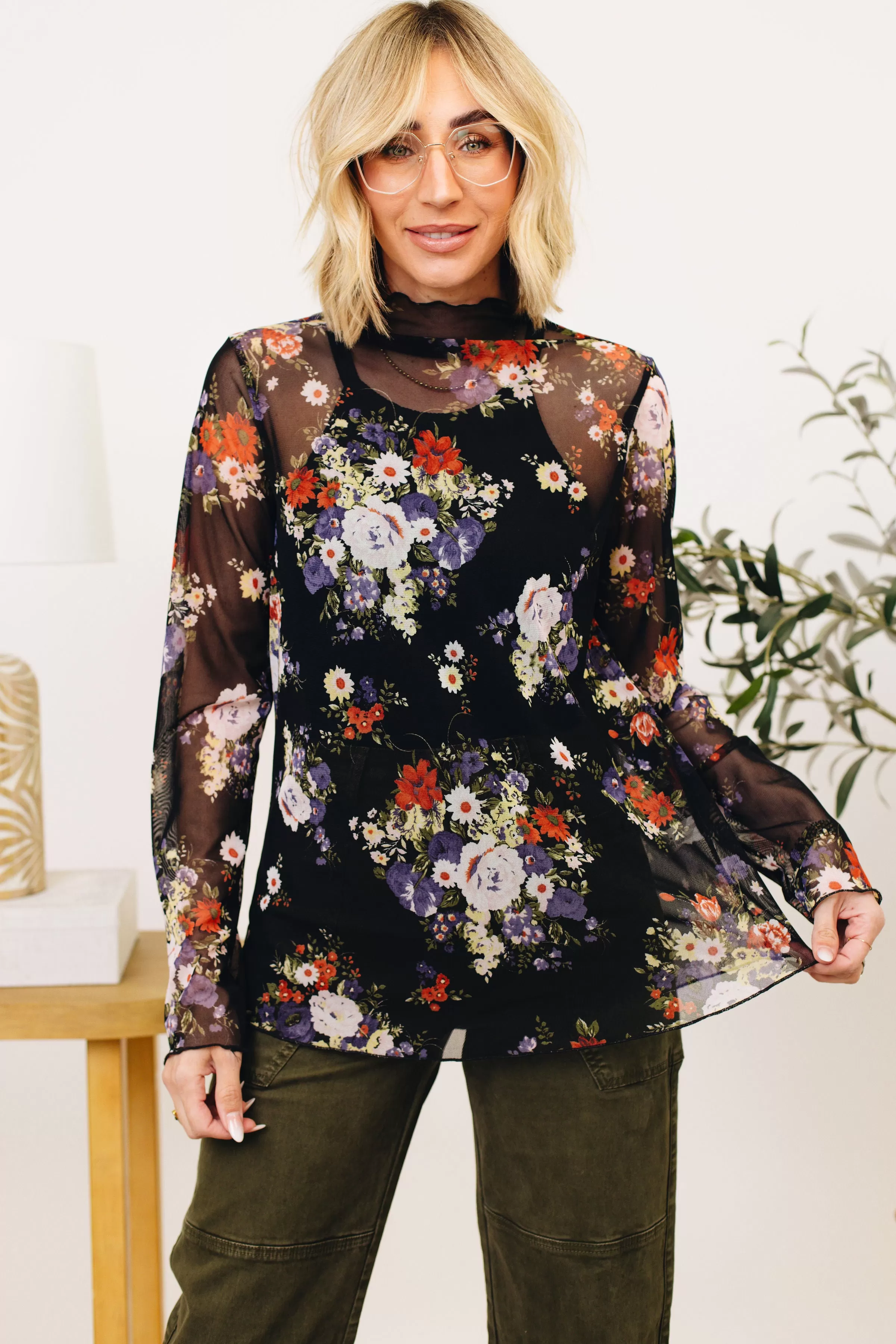 Long Sleeve Mesh Floral Print Top (S-3XL)