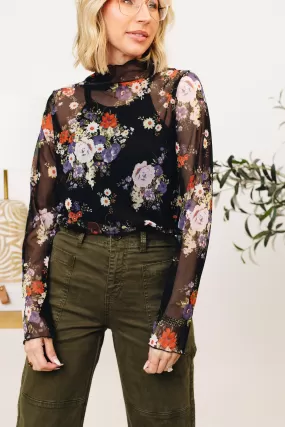 Long Sleeve Mesh Floral Print Top (S-3XL)