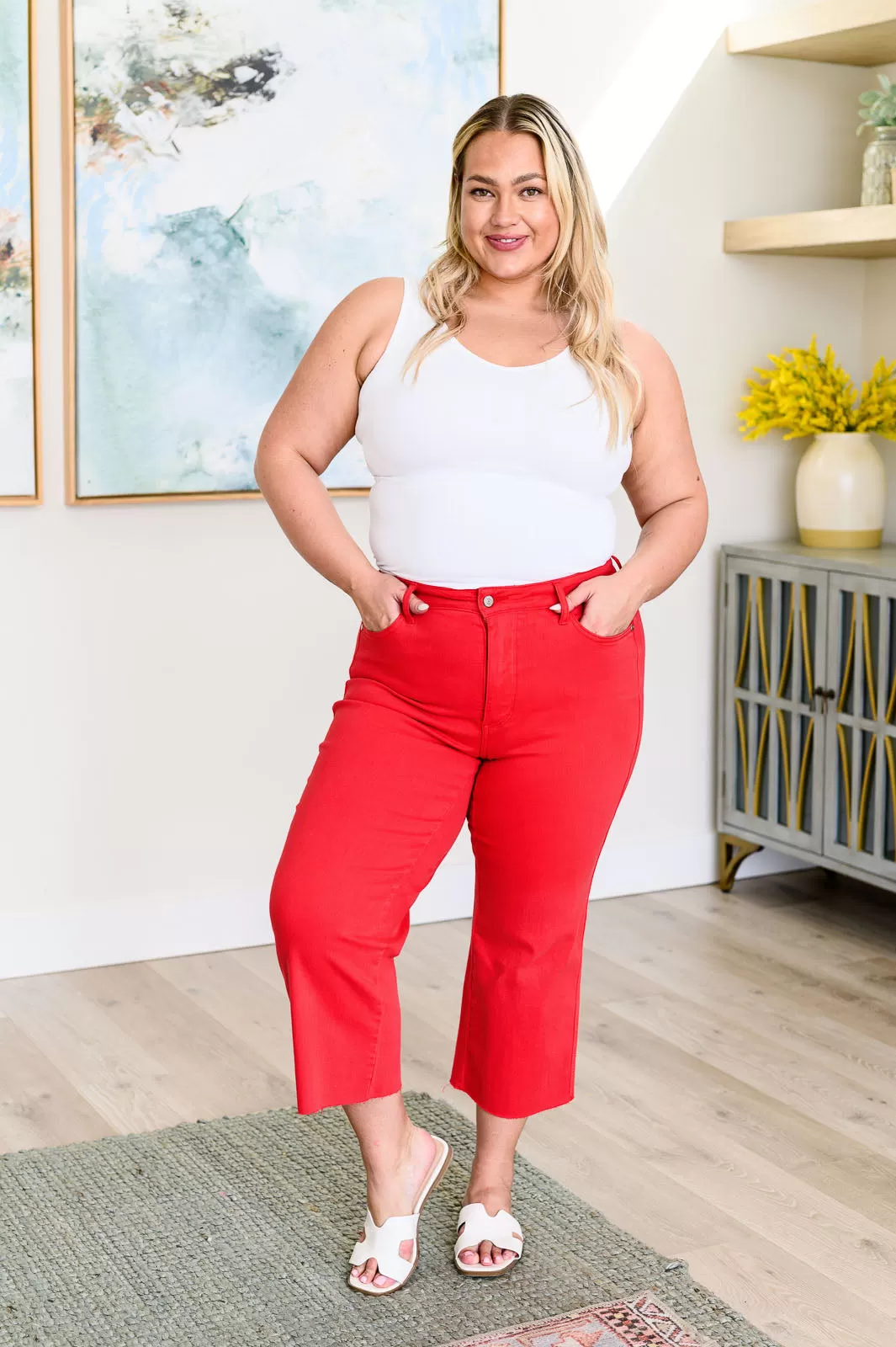 Lorraine High Rise Control Top Wide Leg Crop Jeans in Red