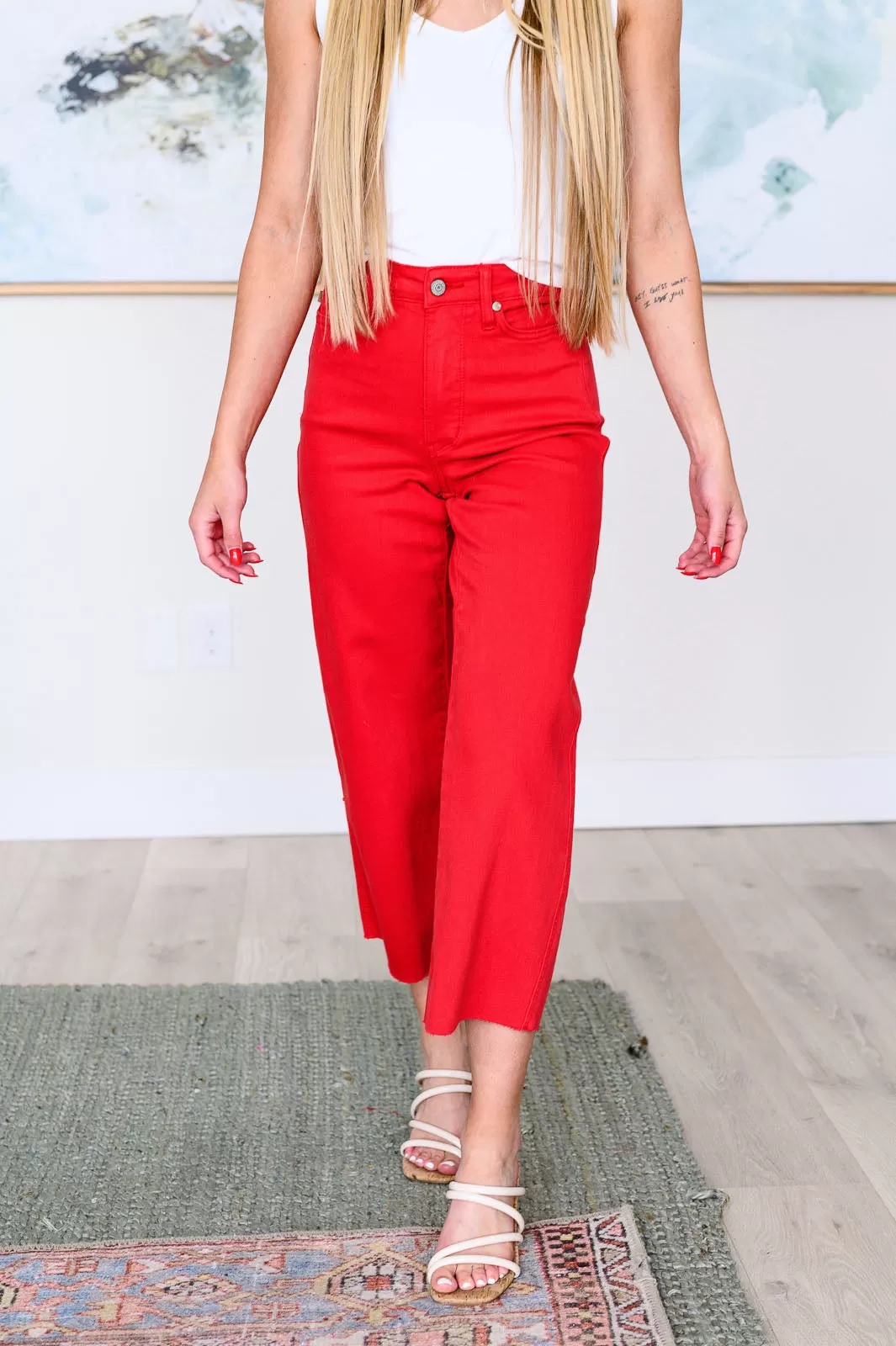 Lorraine High Rise Control Top Wide Leg Crop Jeans in Red