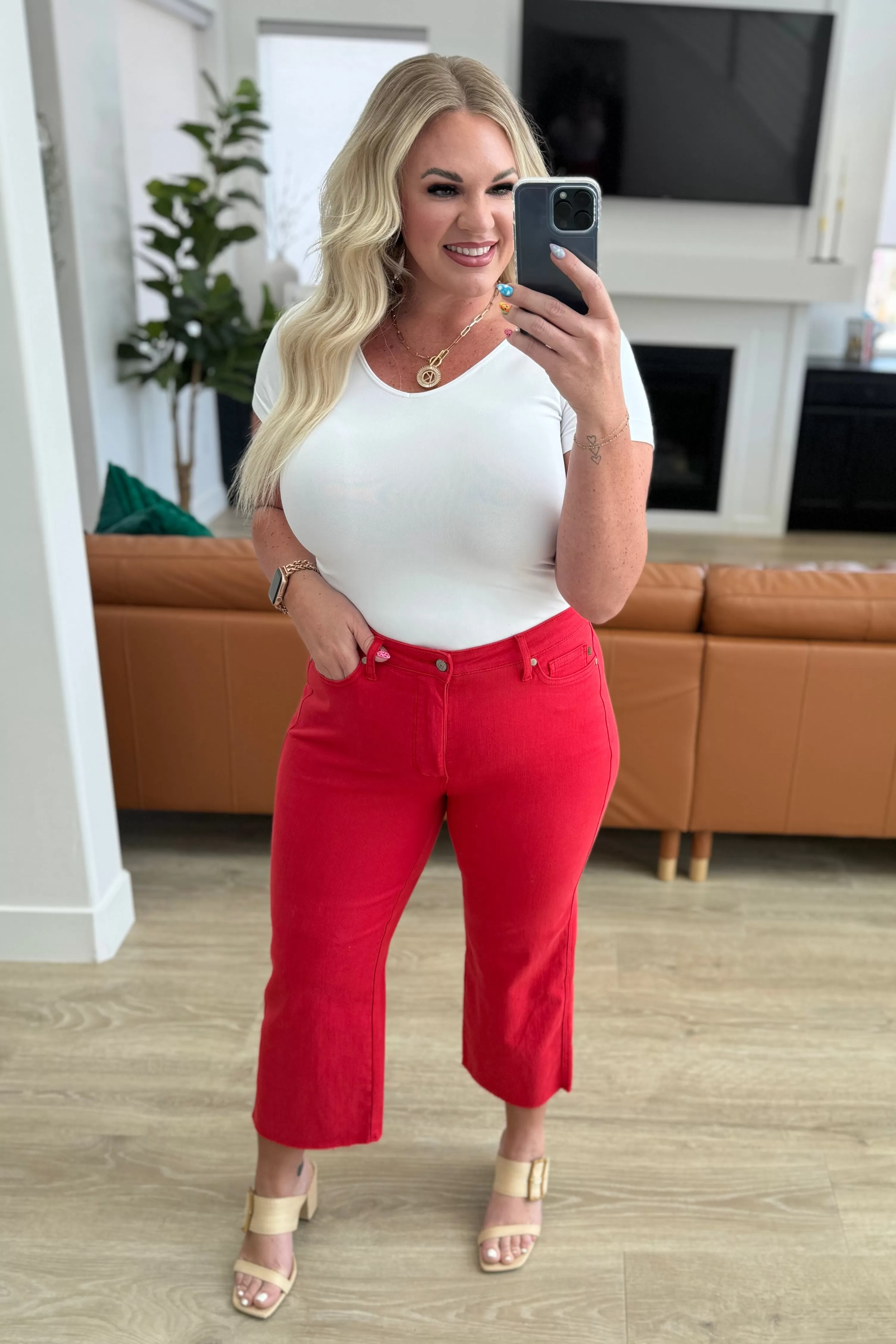 Lorraine High Rise Control Top Wide Leg Crop Jeans in Red