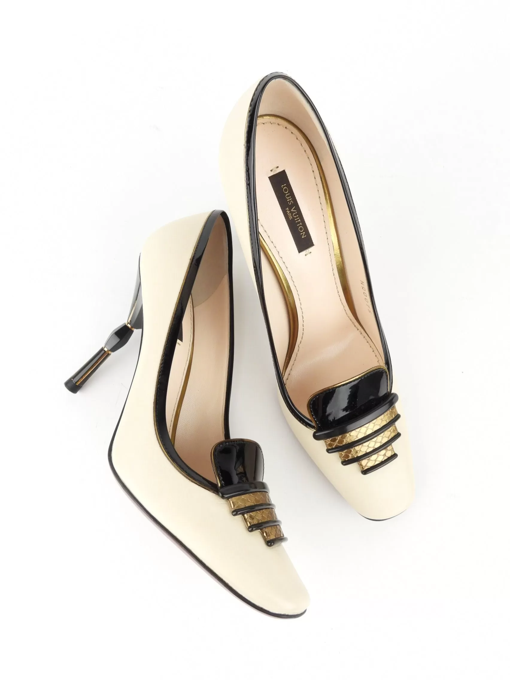 Louis Vuitton Cream, Black and Gold Leather Sculpted Stiletto Heel Pumps - 38.5