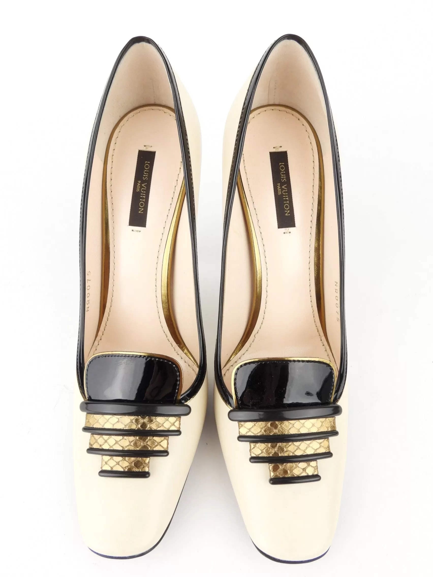 Louis Vuitton Cream, Black and Gold Leather Sculpted Stiletto Heel Pumps - 38.5