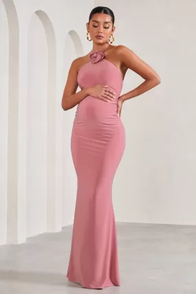 Loving | Blush Pink Halter-Neck Maternity Maxi Dress With Flower Corsage