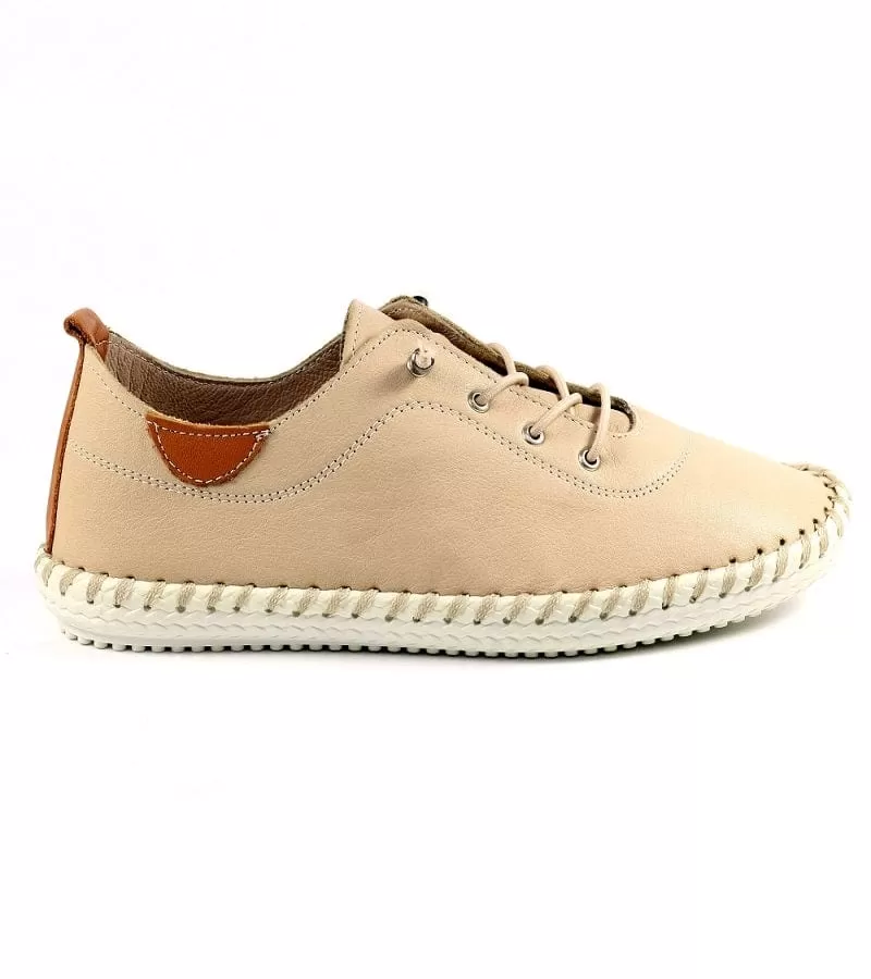 Lunar Womens Beige Leather Elasticated Lace Plimsolls St Ives - FLE030