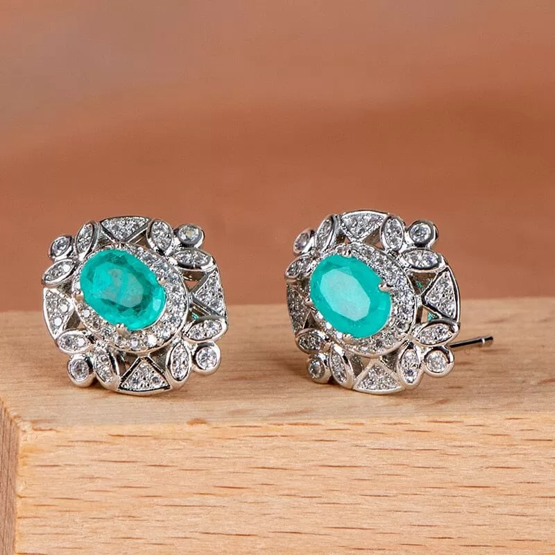 Luxurious  Green Tourmaline Stud Earrings - 925 Sterling Silver