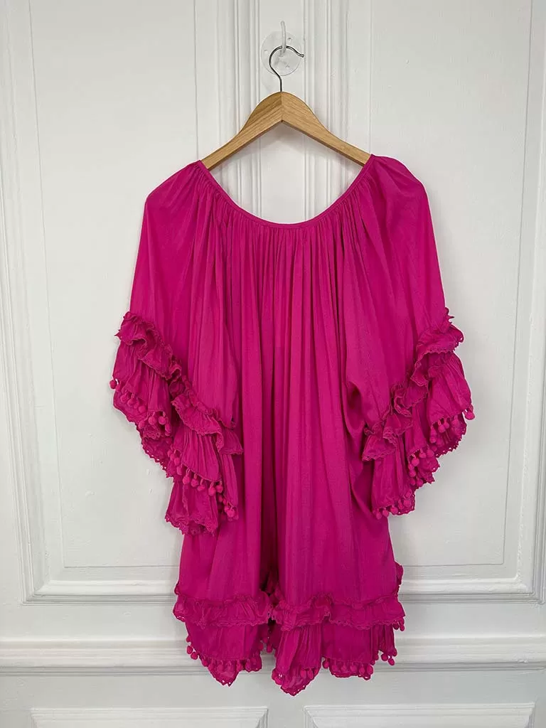 Malissa J Pom Pom Ruffle Top - Hot Pink