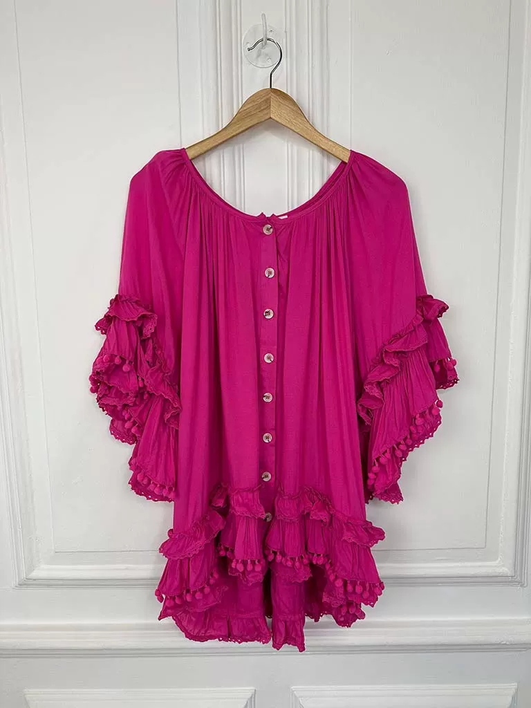 Malissa J Pom Pom Ruffle Top - Hot Pink