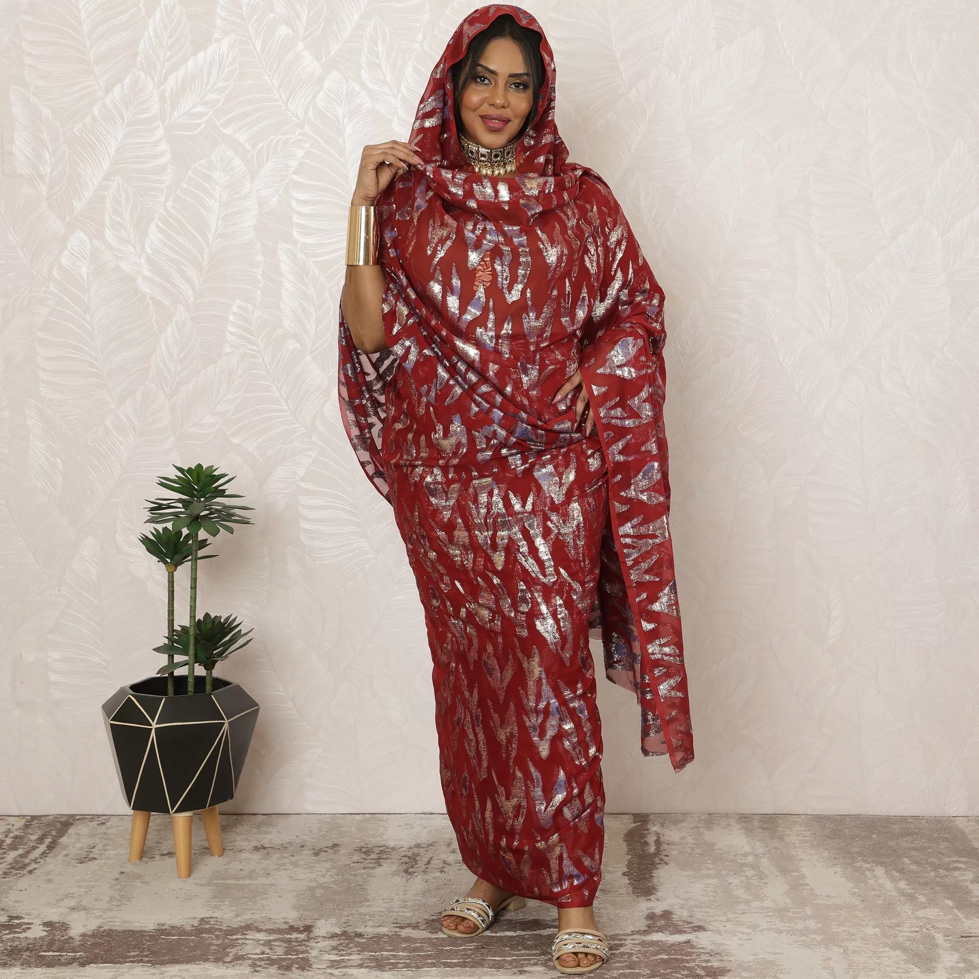 Maroon Sudanese Thobe Fabric in Pure Silk Chiffon with Metallic Lurex, 4.5 Meters, 110 cm Width-D20417