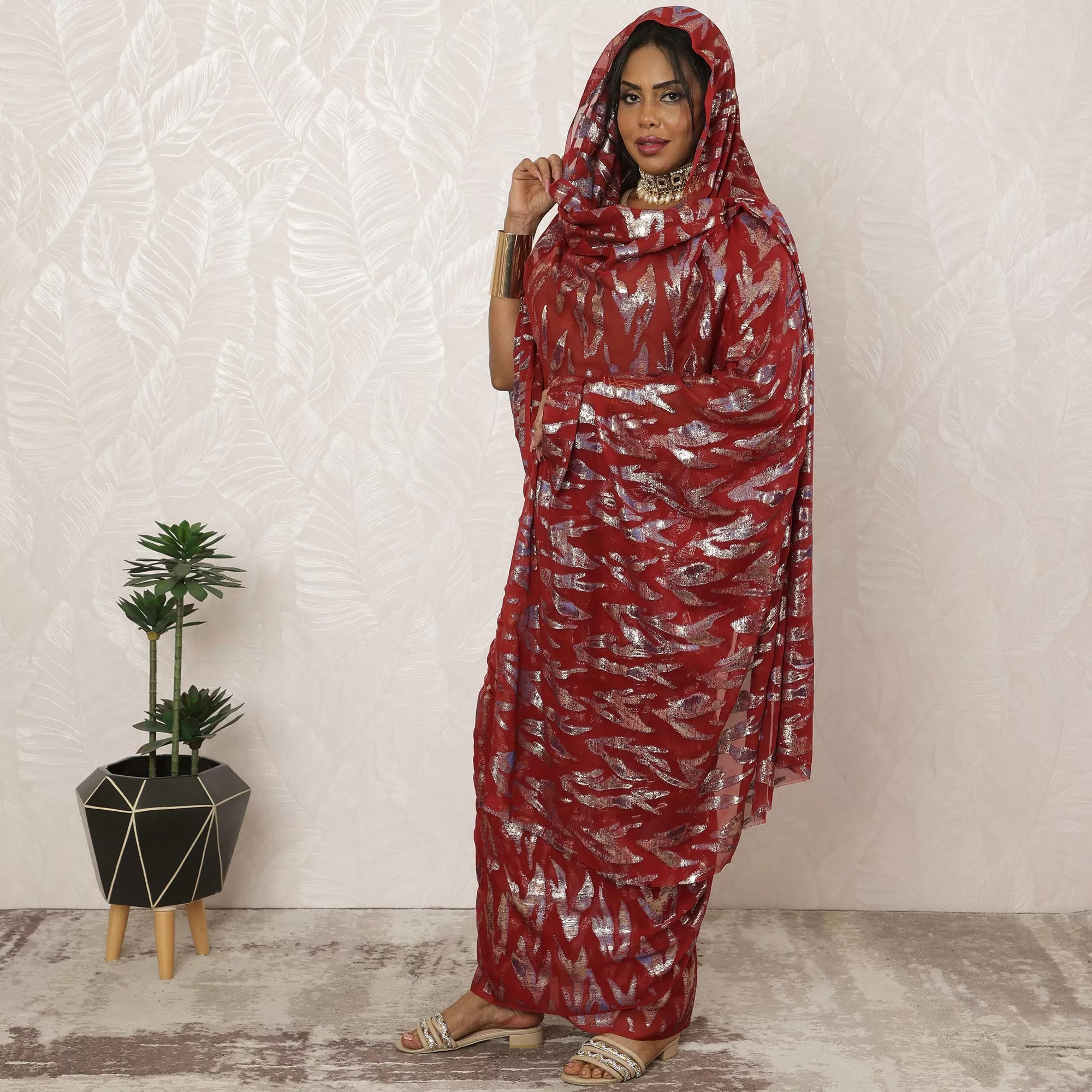 Maroon Sudanese Thobe Fabric in Pure Silk Chiffon with Metallic Lurex, 4.5 Meters, 110 cm Width-D20417