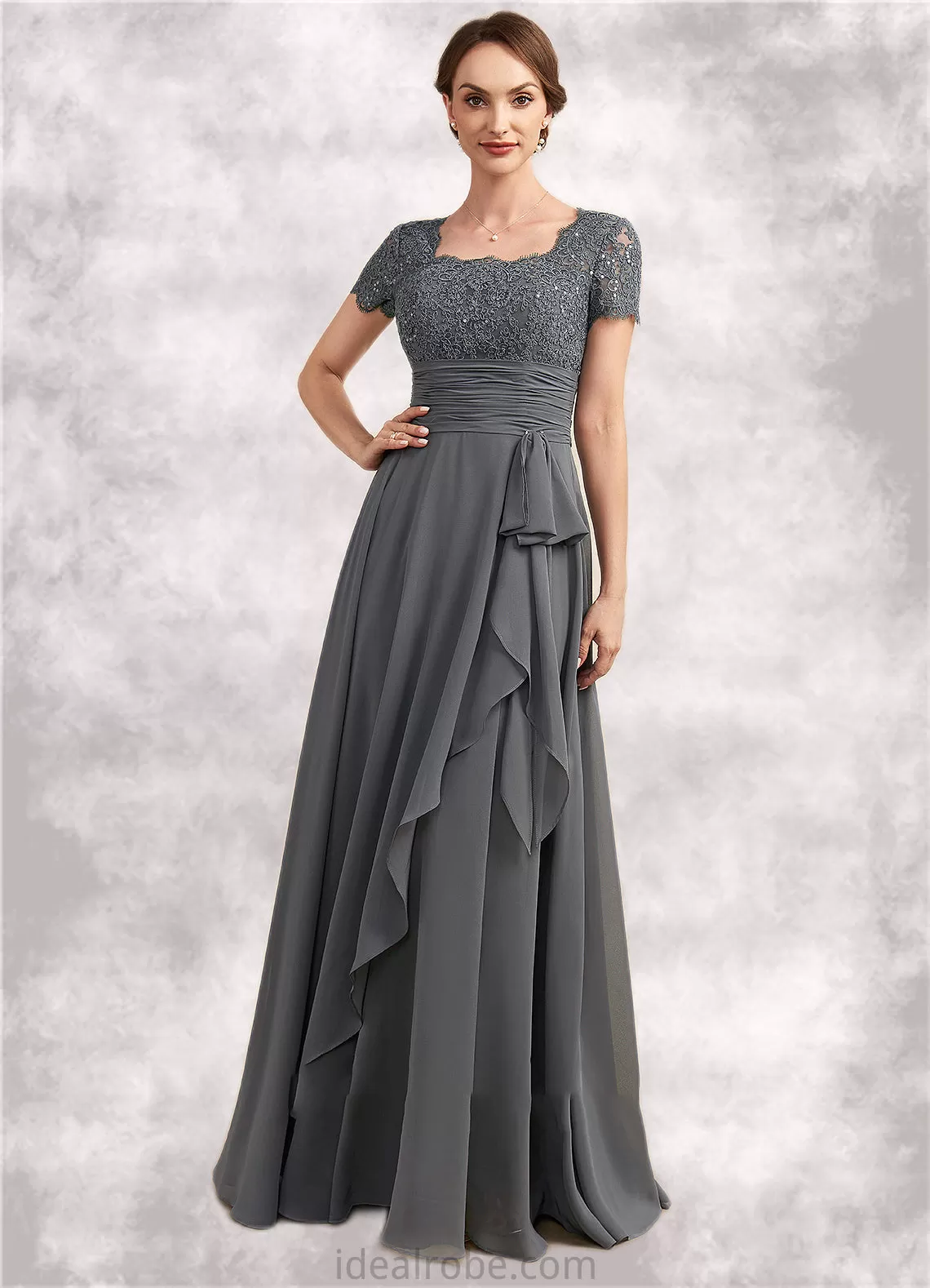 Maya A-Line Square Neckline Floor-Length Chiffon Lace Mother of the Bride Dress With Ruffle Sequins STK126P0014770