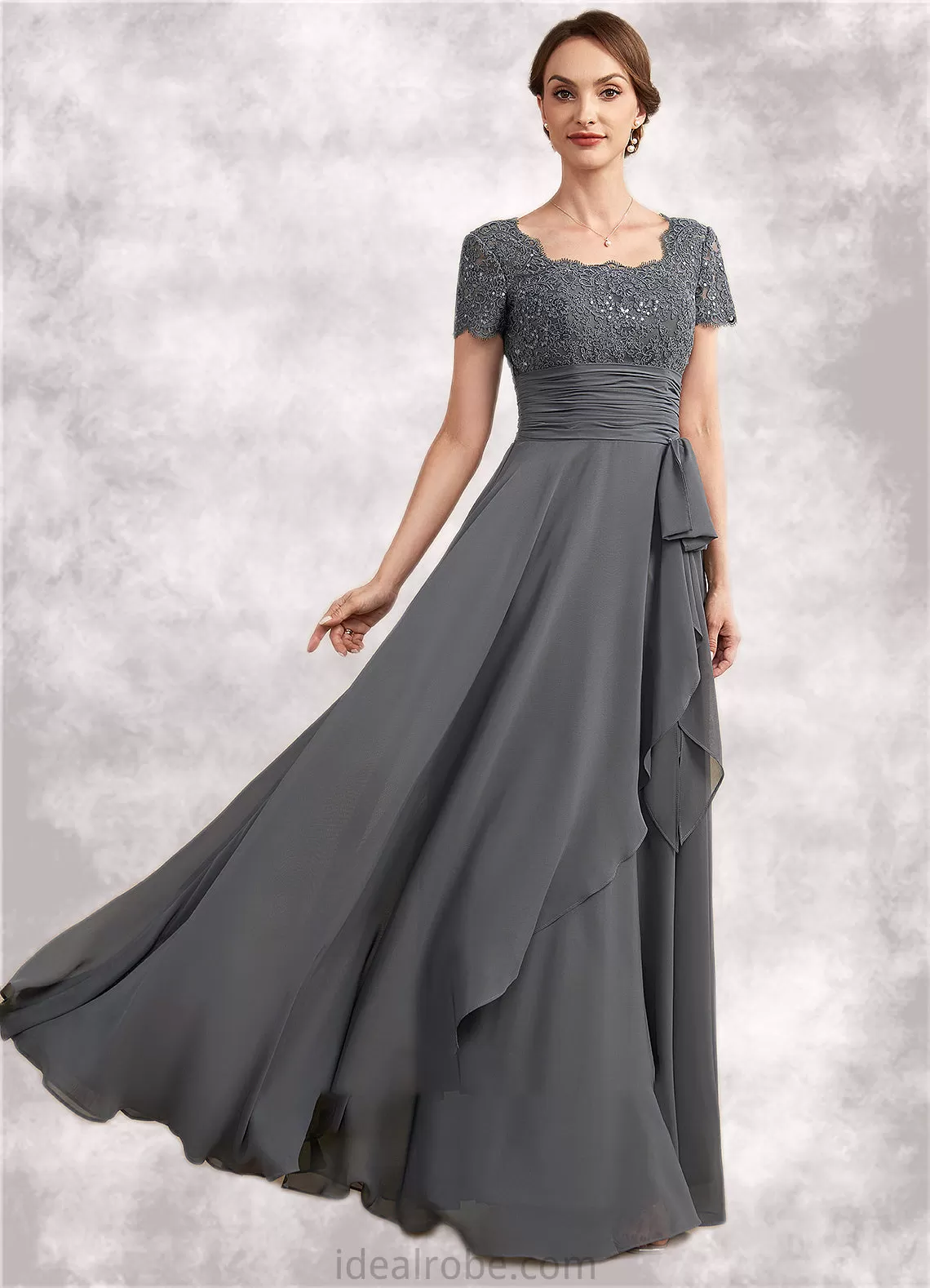 Maya A-Line Square Neckline Floor-Length Chiffon Lace Mother of the Bride Dress With Ruffle Sequins STK126P0014770