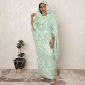 Mint Green Sudanese Thobe Fabric in Pure Silk Chiffon with Metallic Lurex, 4.5 Meters, 110 cm Width-D20418