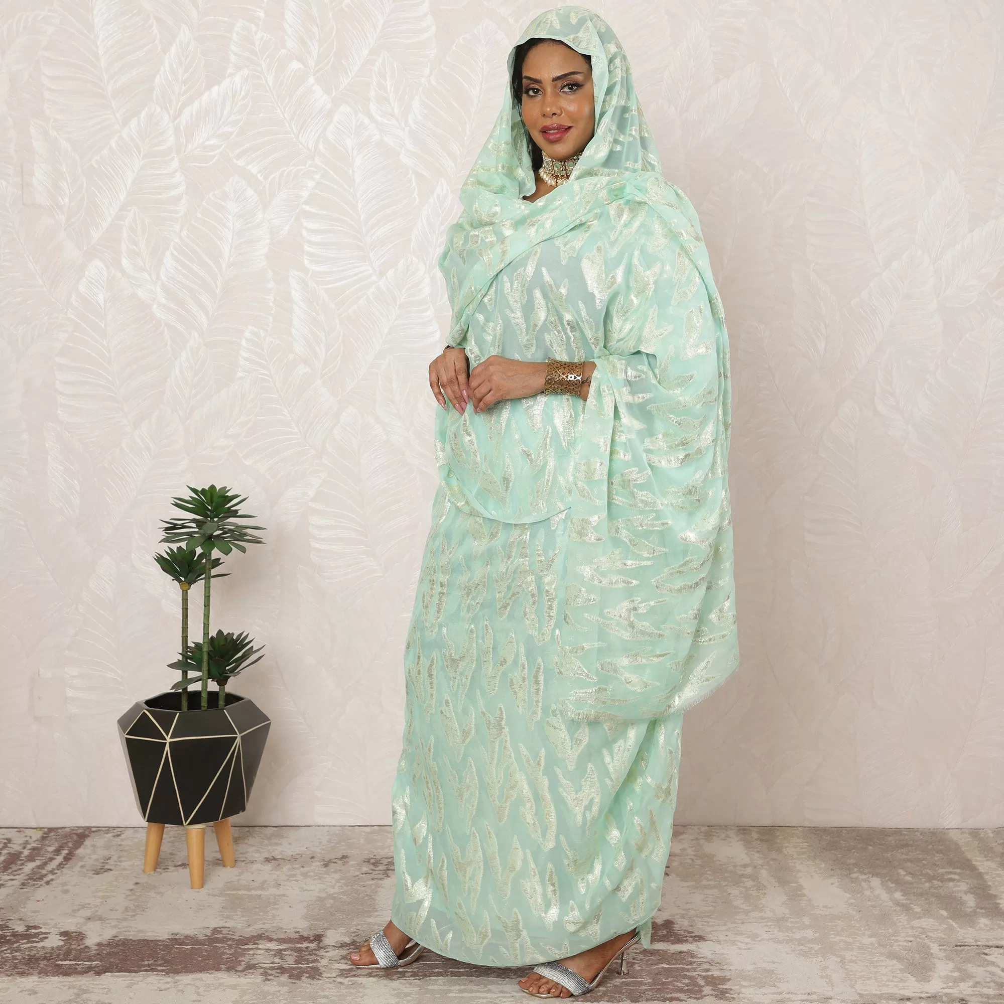 Mint Green Sudanese Thobe Fabric in Pure Silk Chiffon with Metallic Lurex, 4.5 Meters, 110 cm Width-D20418