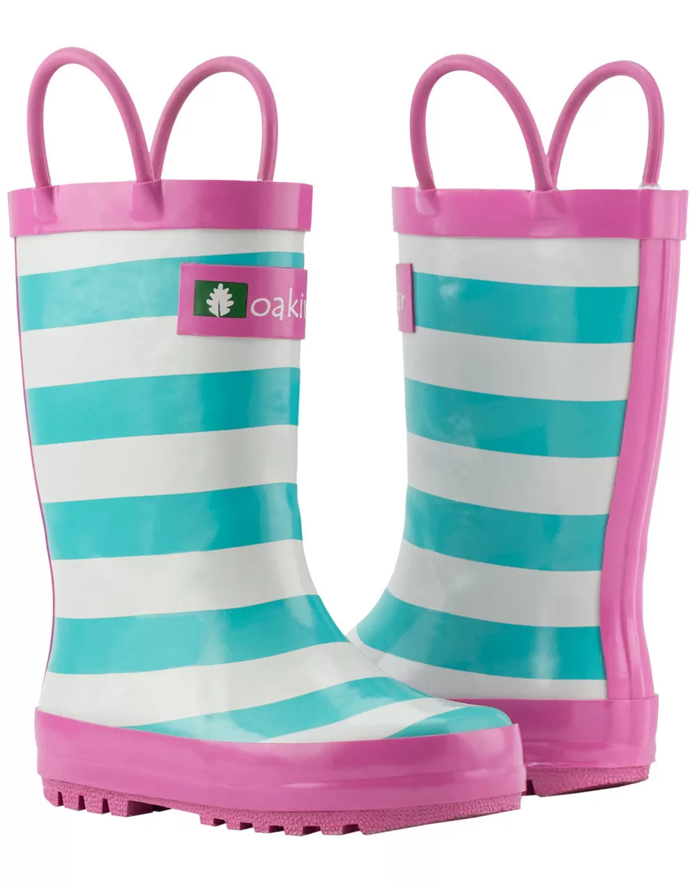 Mint, White & Pink Loop Handle Rubber Rain Boots