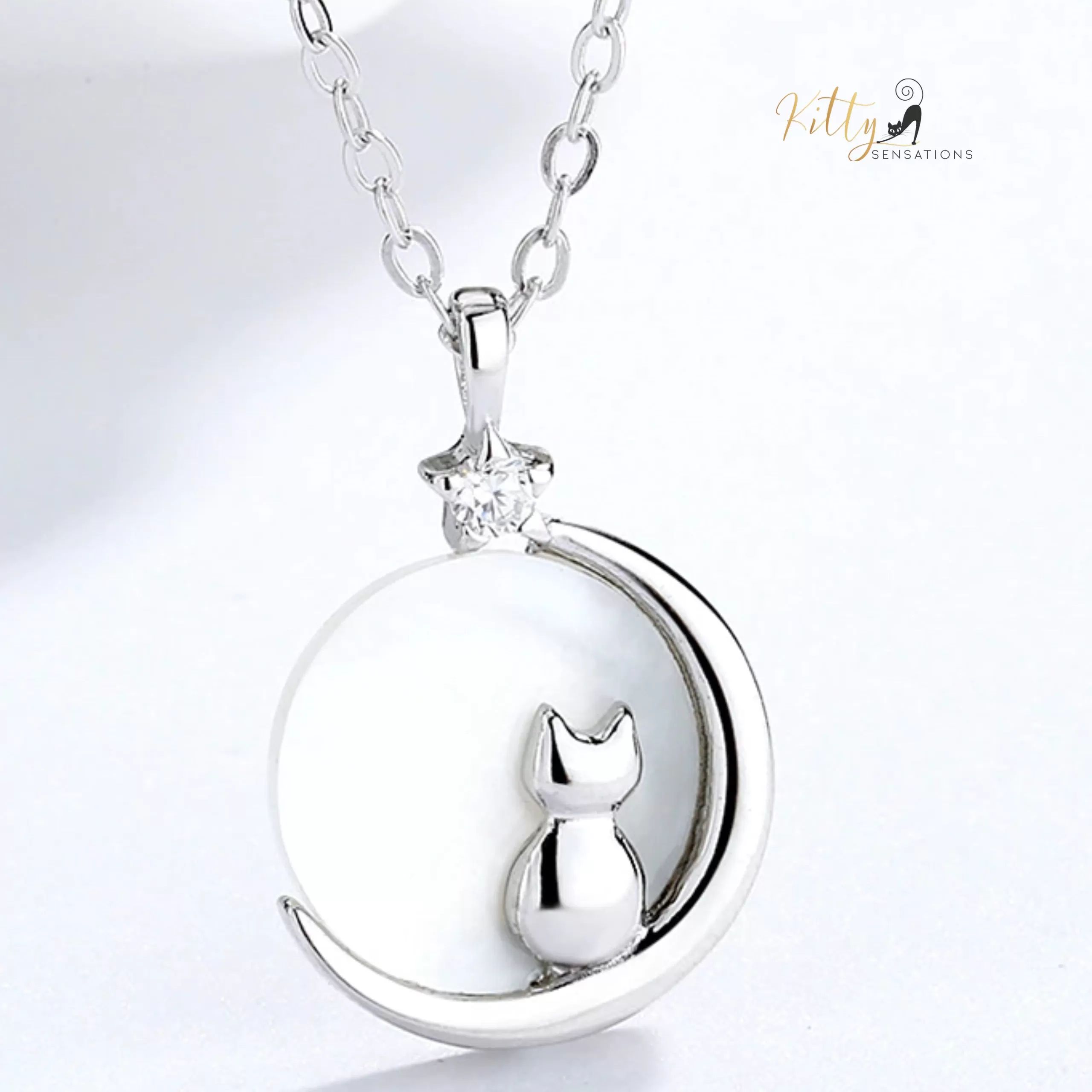 Mother-of-Pearl Moon Kitty Necklace in Solid 925 Sterling Silver (Platinum or Gold Plated)