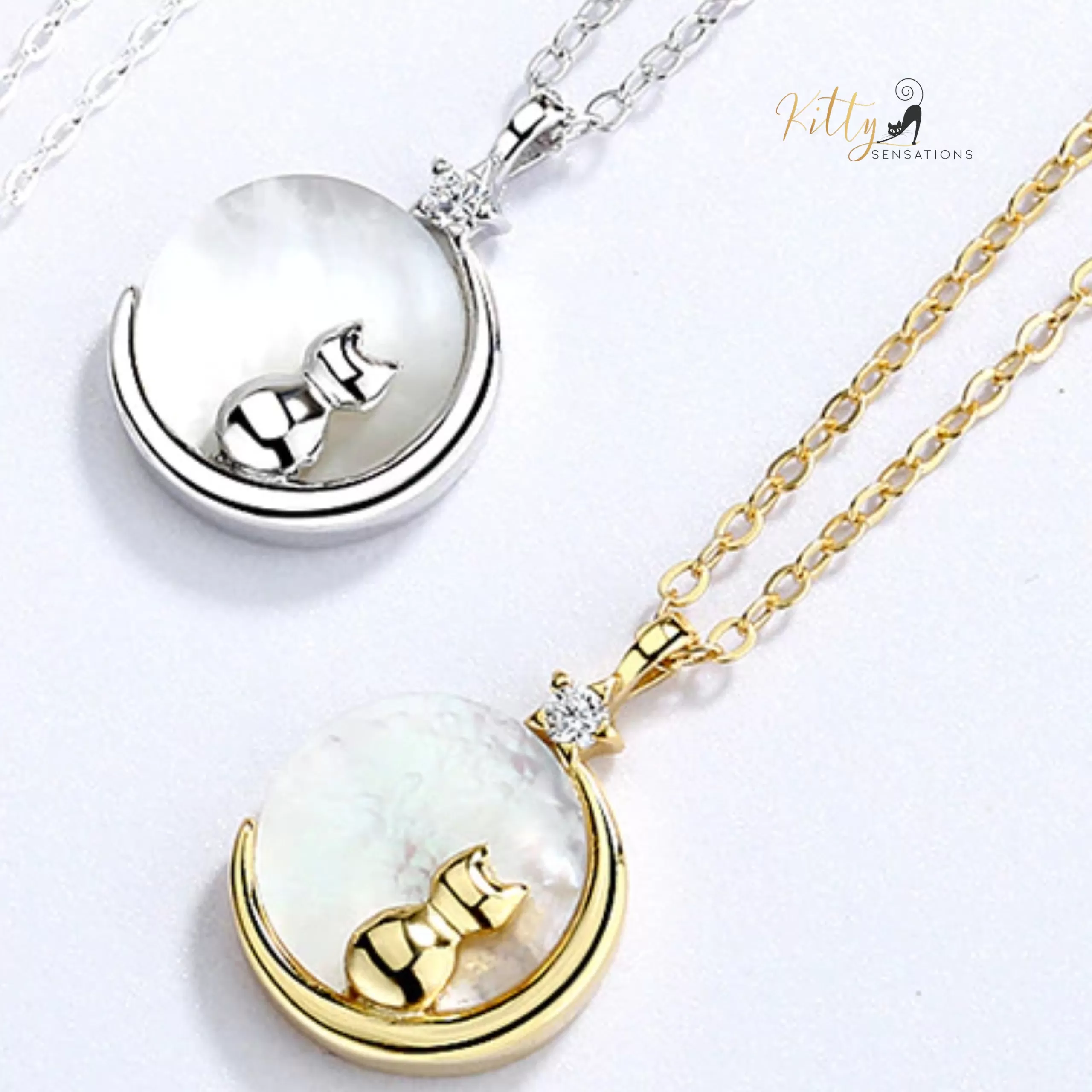 Mother-of-Pearl Moon Kitty Necklace in Solid 925 Sterling Silver (Platinum or Gold Plated)