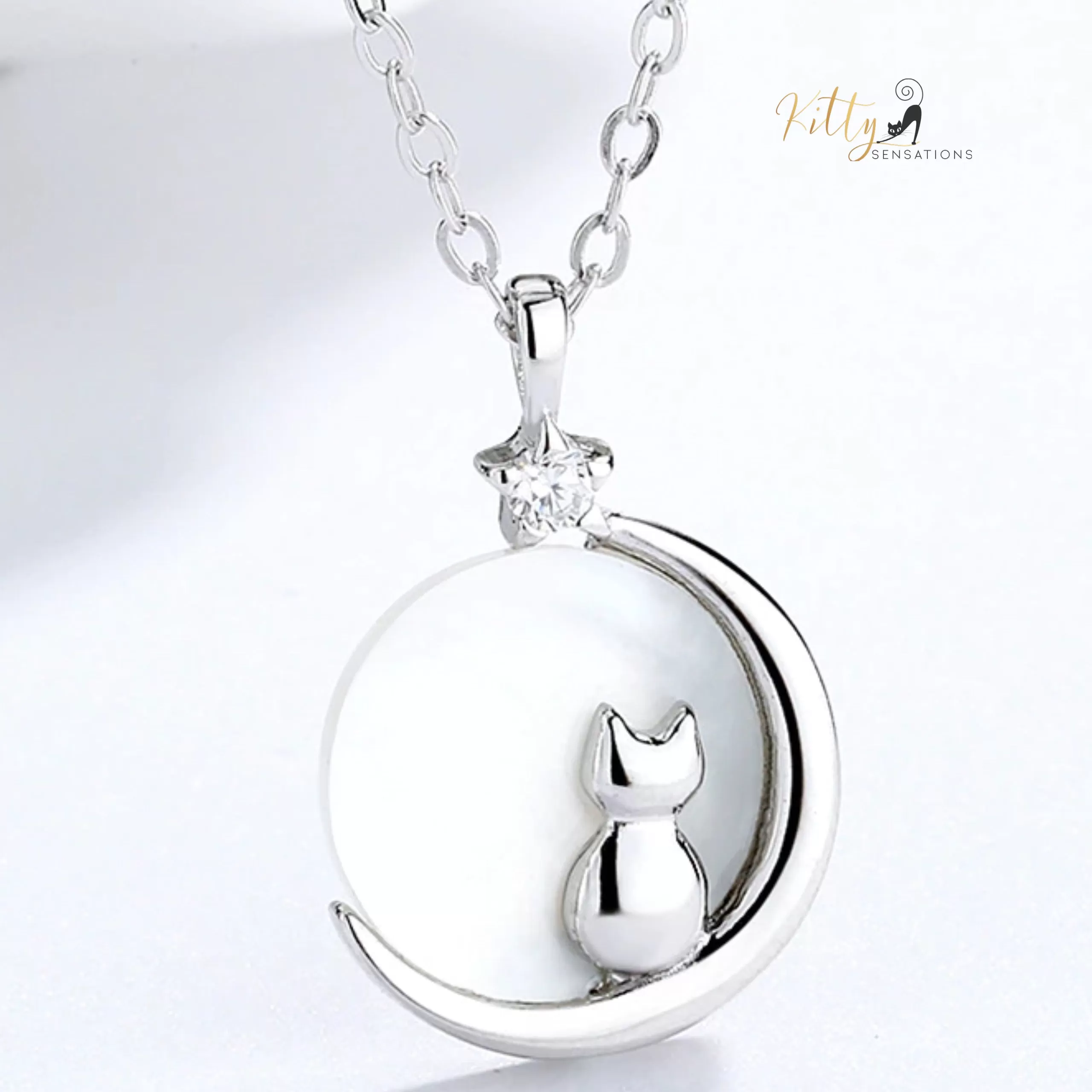 Mother-of-Pearl Moon Kitty Necklace in Solid 925 Sterling Silver (Platinum or Gold Plated)