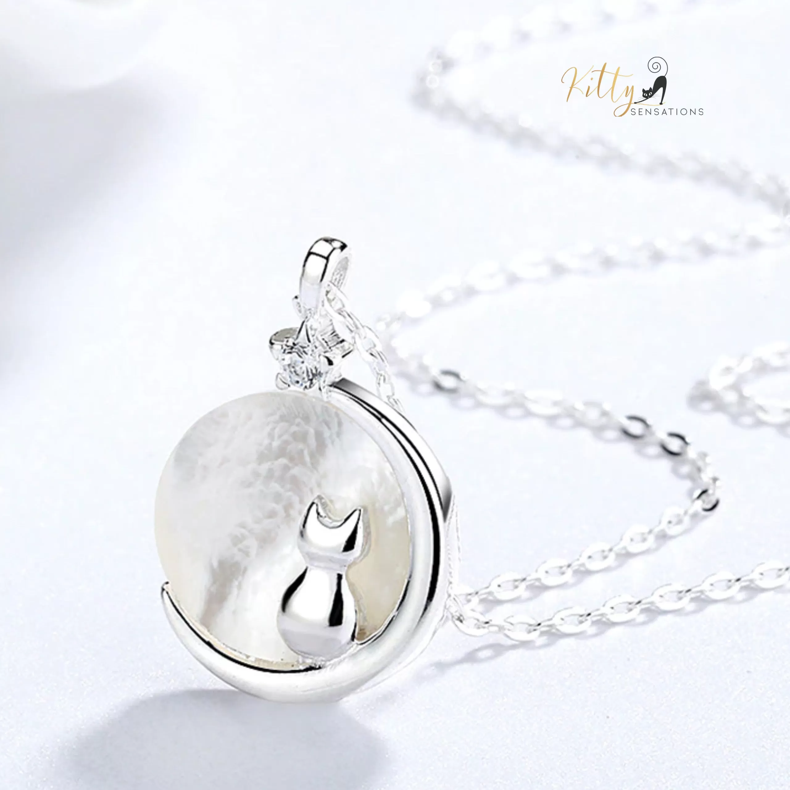 Mother-of-Pearl Moon Kitty Necklace in Solid 925 Sterling Silver (Platinum or Gold Plated)