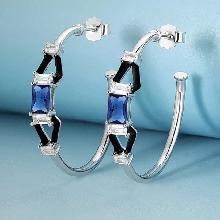 Original Design Sapphire and Black Onyx Earrings - 925 Sterling Silver