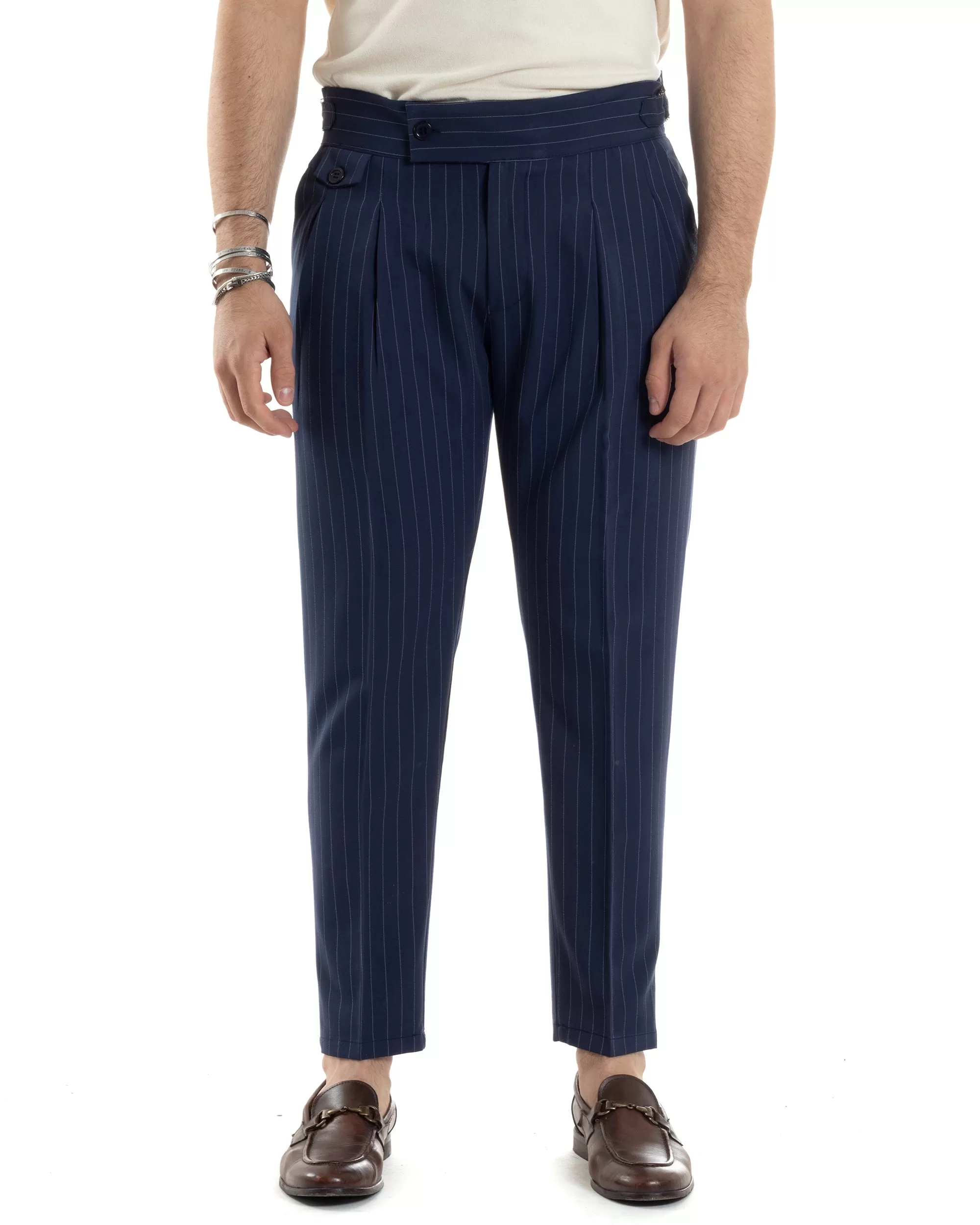 Pantaloni Uomo Classico Gessato Rigato Vita Alta Pinces Abbottonatura Allungata Fibbia Casual Blu GIOSAL-P6084A