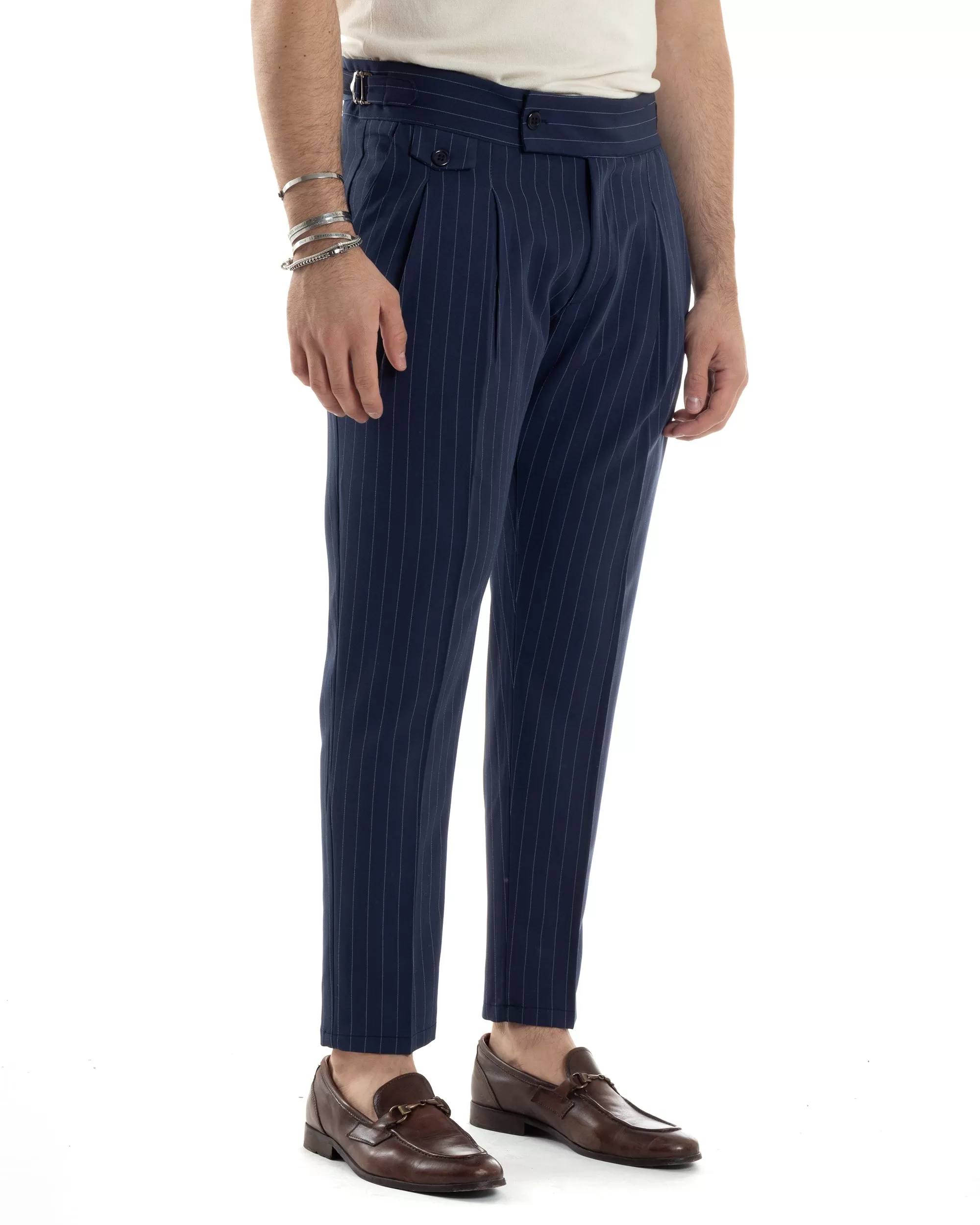 Pantaloni Uomo Classico Gessato Rigato Vita Alta Pinces Abbottonatura Allungata Fibbia Casual Blu GIOSAL-P6084A