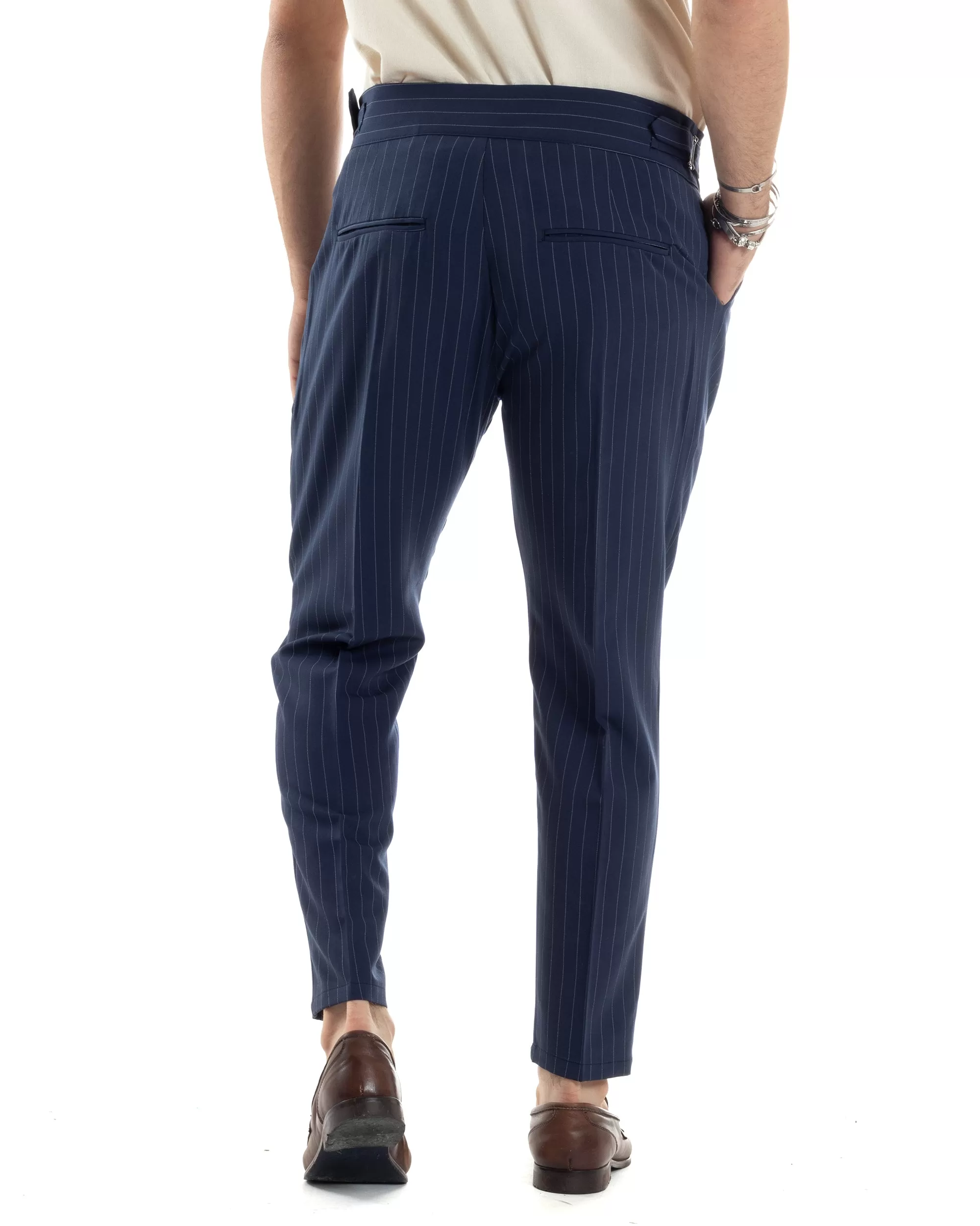 Pantaloni Uomo Classico Gessato Rigato Vita Alta Pinces Abbottonatura Allungata Fibbia Casual Blu GIOSAL-P6084A