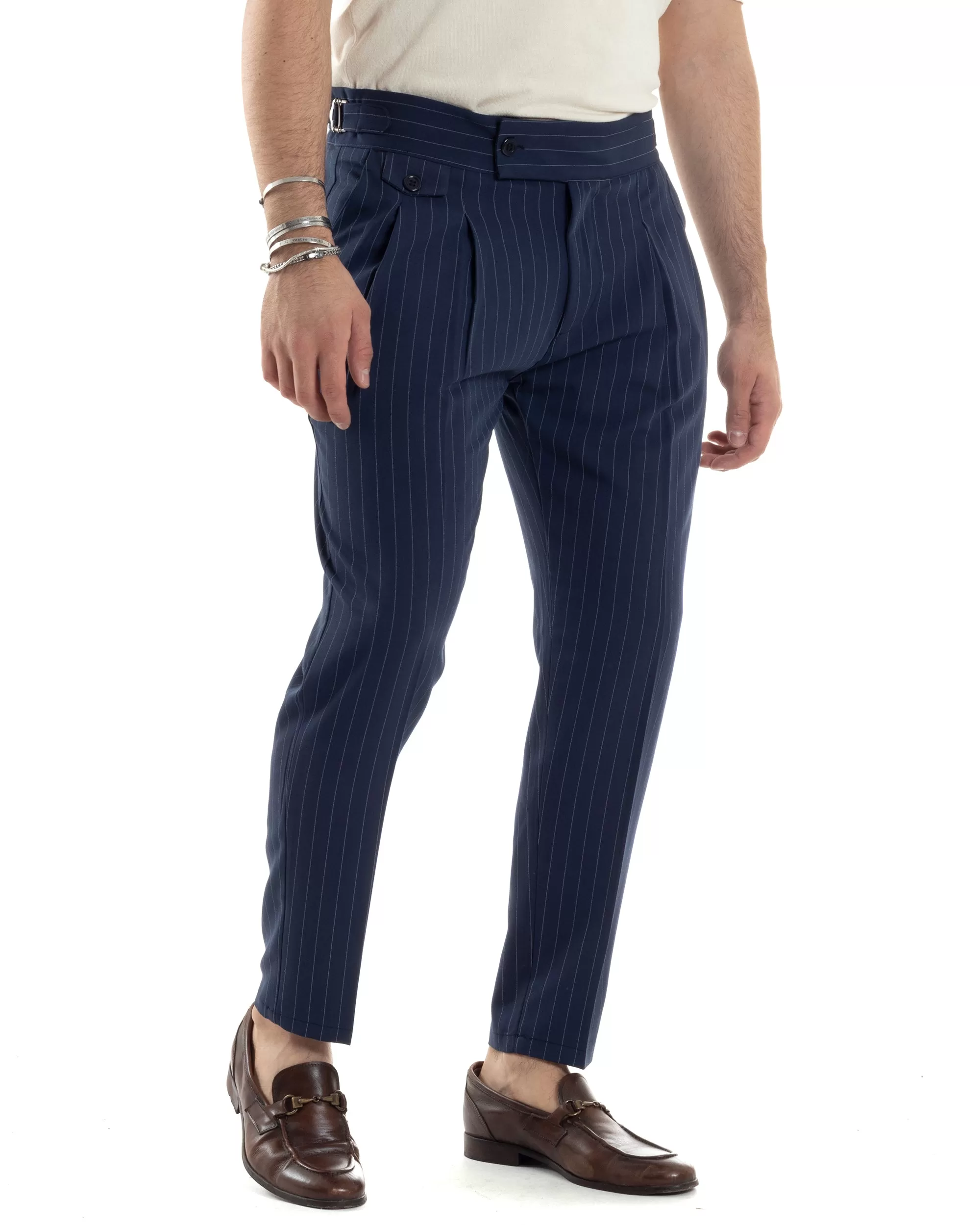 Pantaloni Uomo Classico Gessato Rigato Vita Alta Pinces Abbottonatura Allungata Fibbia Casual Blu GIOSAL-P6084A