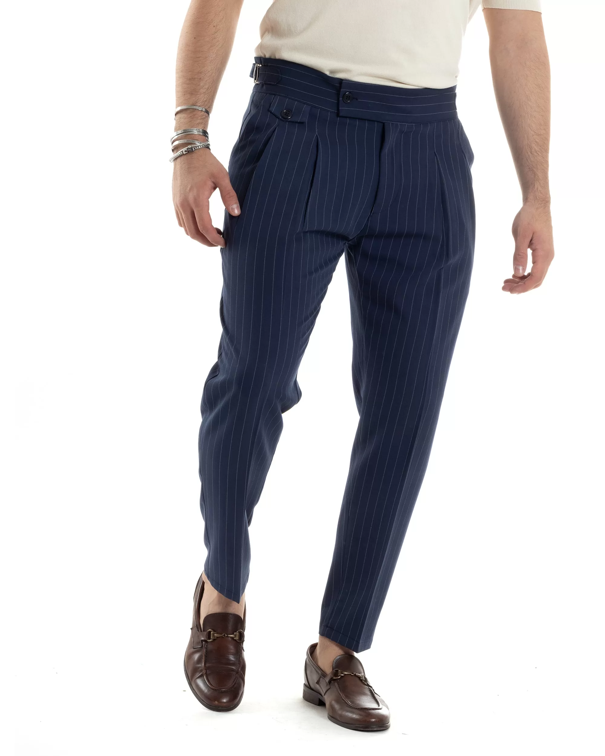 Pantaloni Uomo Classico Gessato Rigato Vita Alta Pinces Abbottonatura Allungata Fibbia Casual Blu GIOSAL-P6084A