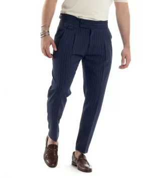 Pantaloni Uomo Classico Gessato Rigato Vita Alta Pinces Abbottonatura Allungata Fibbia Casual Blu GIOSAL-P6084A